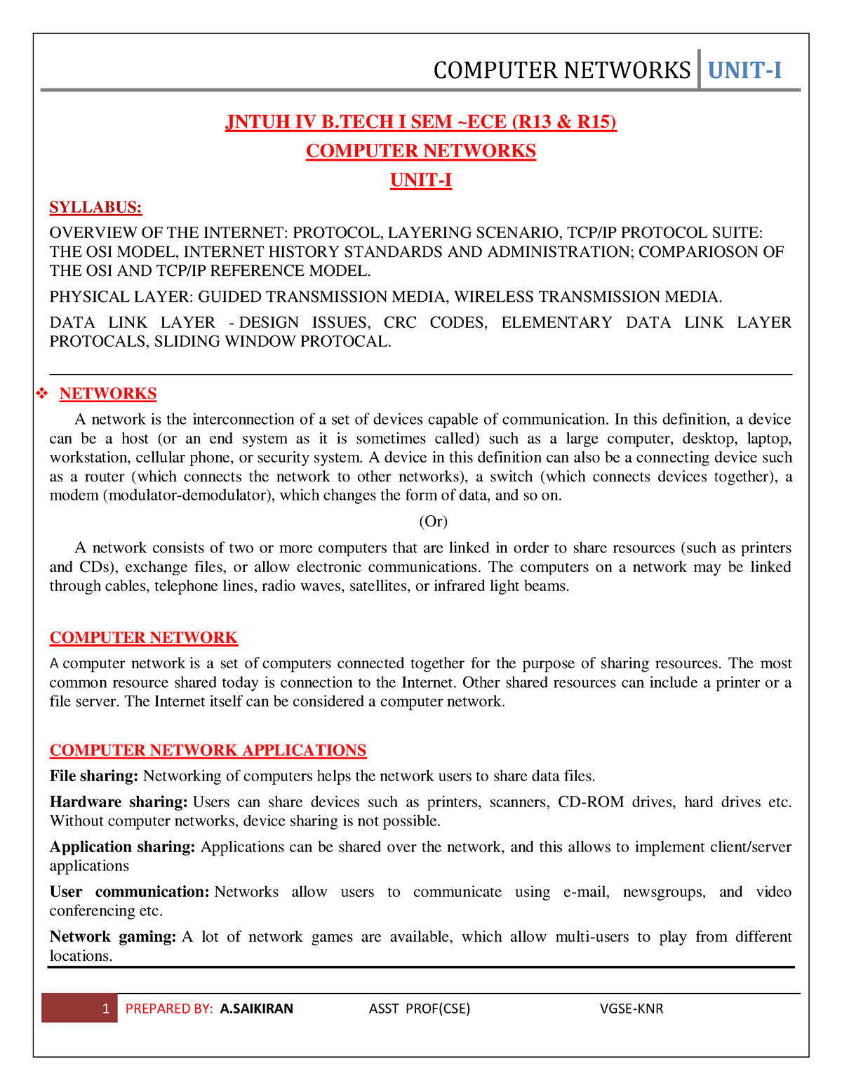 CN UNIT 1 Computer Networks 1st unit JNTUH IV B I SEM ECE