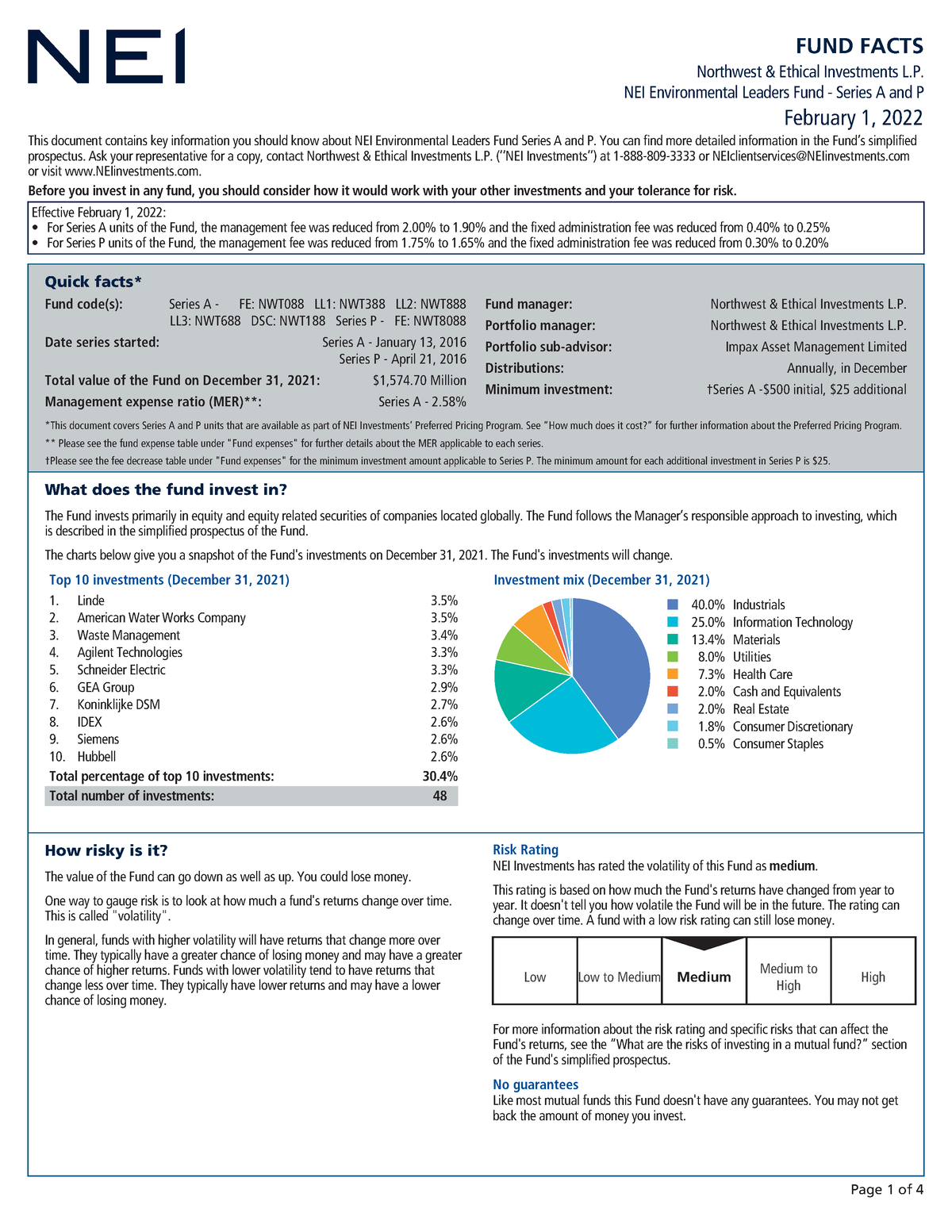 NEI Environmental Leaders Fund - Series A and P - FUND FACTS Northwest  & Ethical Investments L. - Studocu