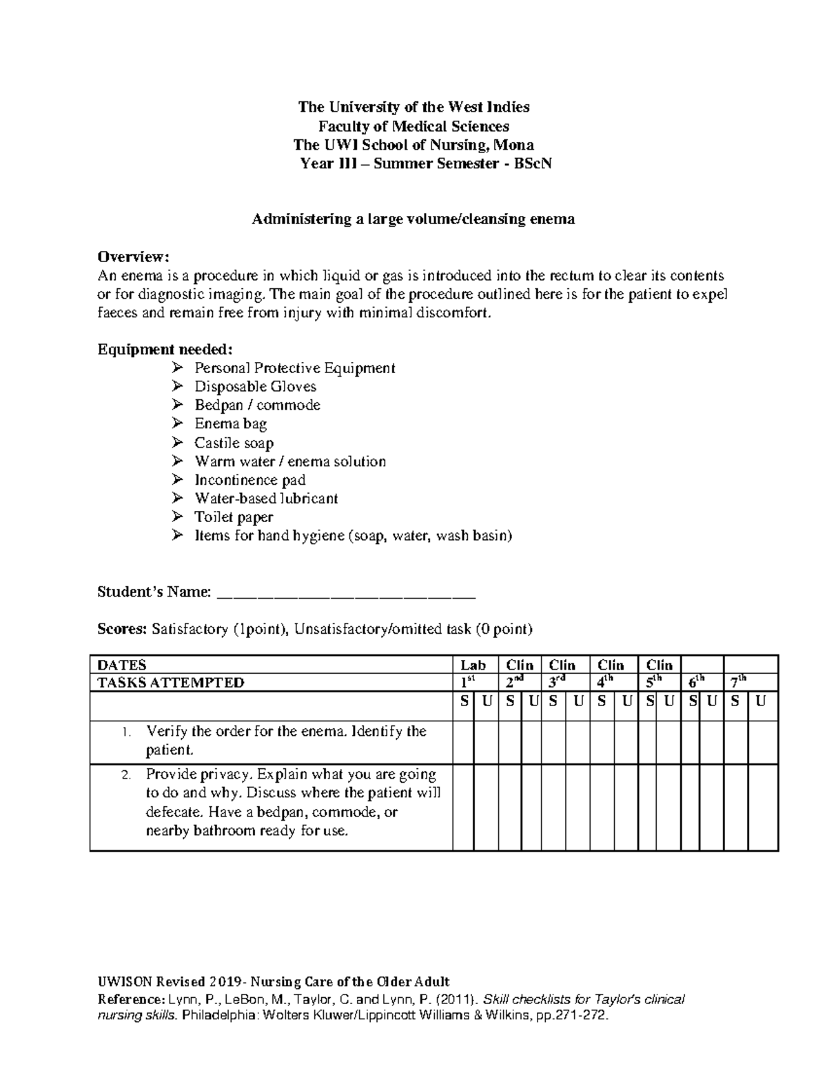 Large volume enema - Checklist - UWISON Revised 2019- Nursing Care of ...