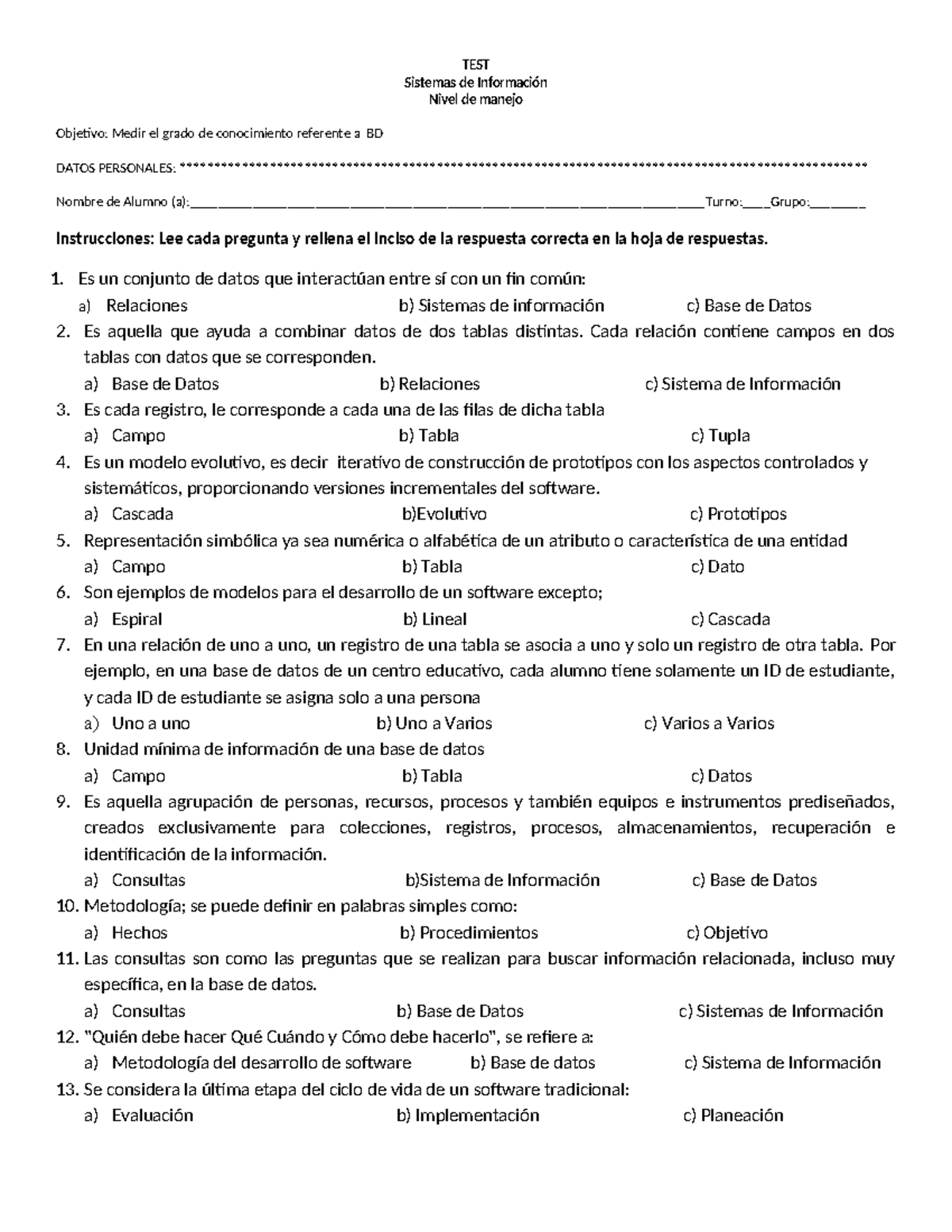 TEST SI - Test que tiene como objetivo medir el grado de conocimiento ...