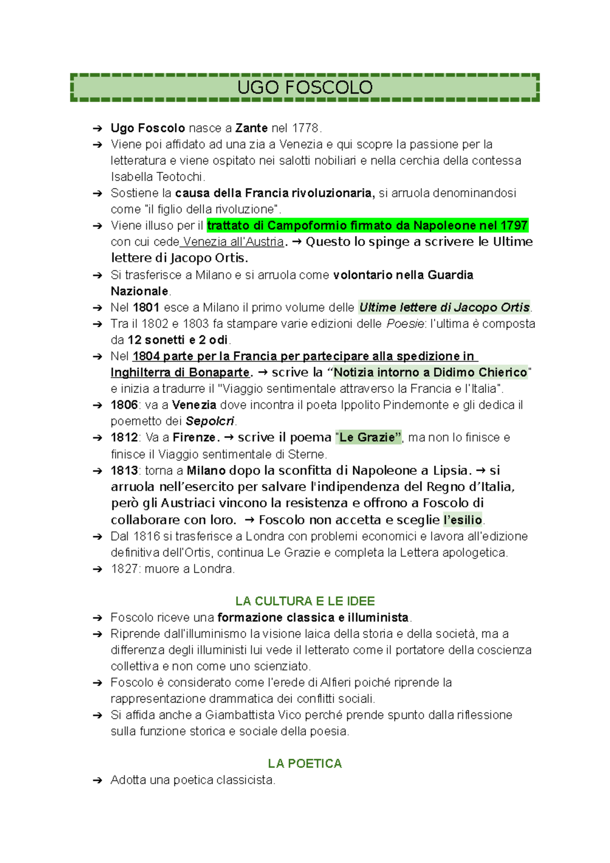UGO Foscolo riassunto vita opere principali UGO FOSCOLO Ugo Foscolo nasce a Zante nel 1778