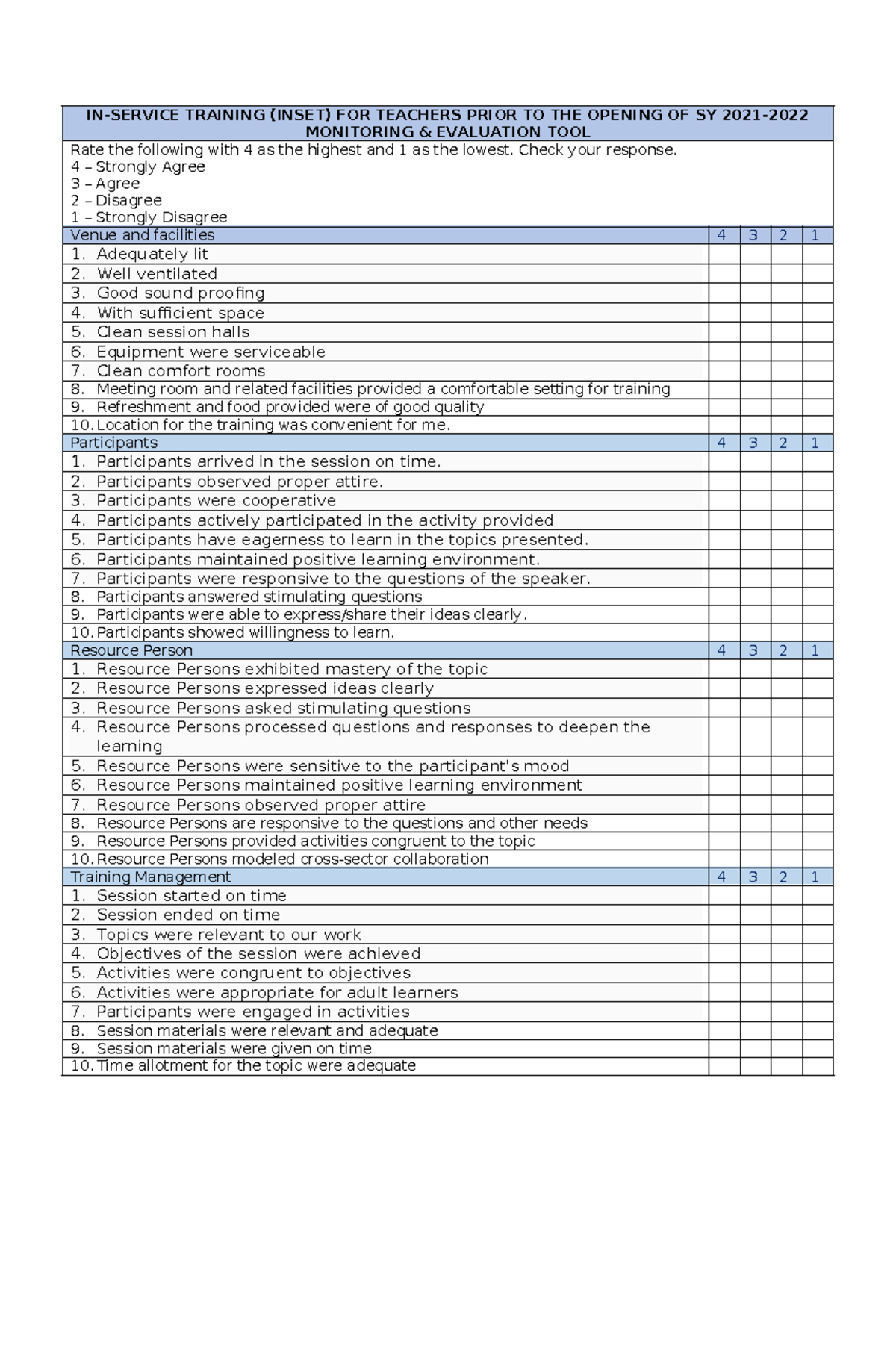 Evaluation-tool - None - IN-SERVICE TRAINING (INSET) FOR TEACHERS PRIOR ...