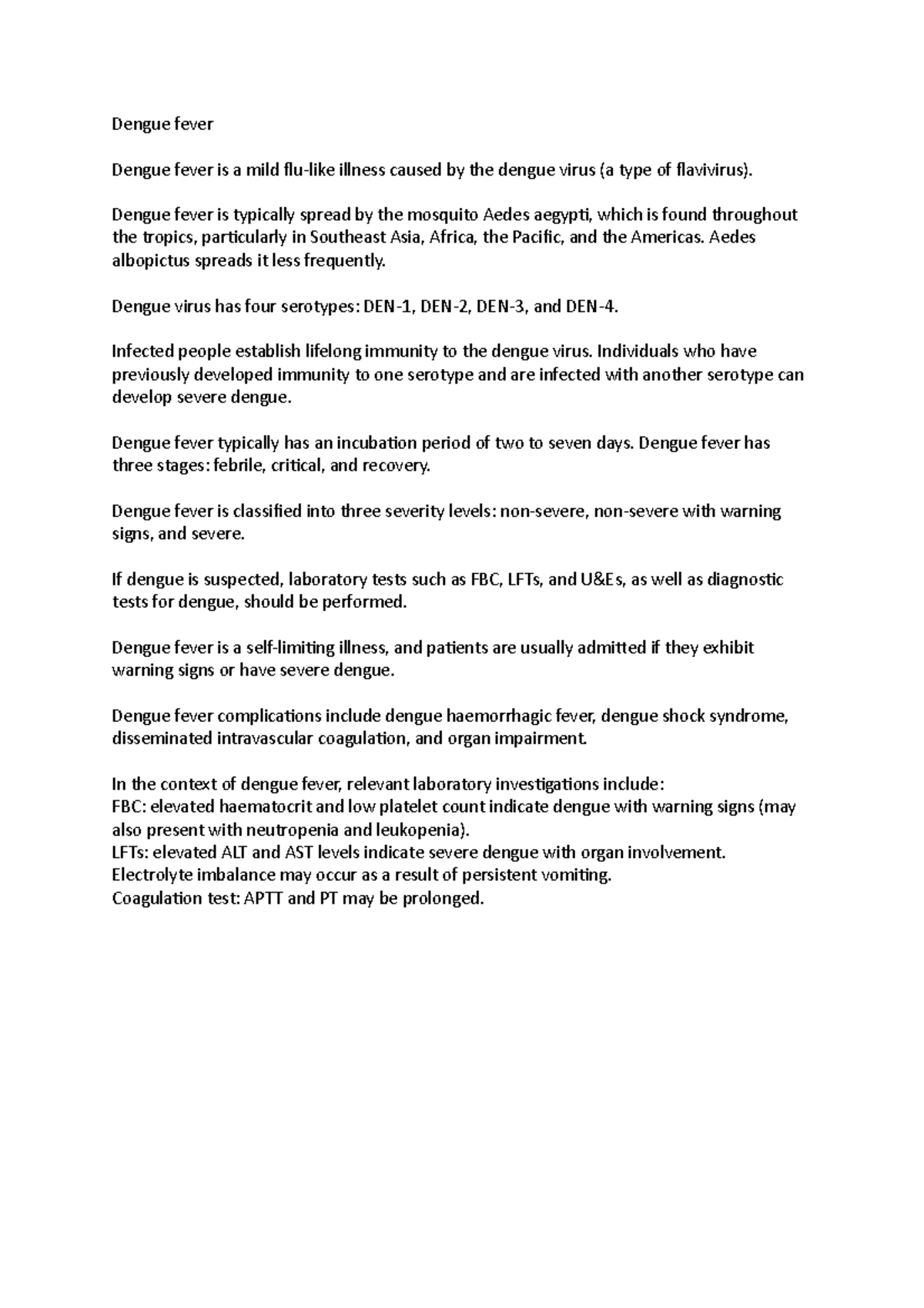 Dengue fever - infectious diseases notes - Dengue fever Dengue fever is ...