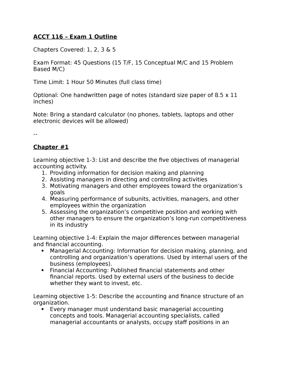 ACCT 116 Exam 1 Review - ACCT 116 – Exam 1 Outline Chapters Covered: 1 ...