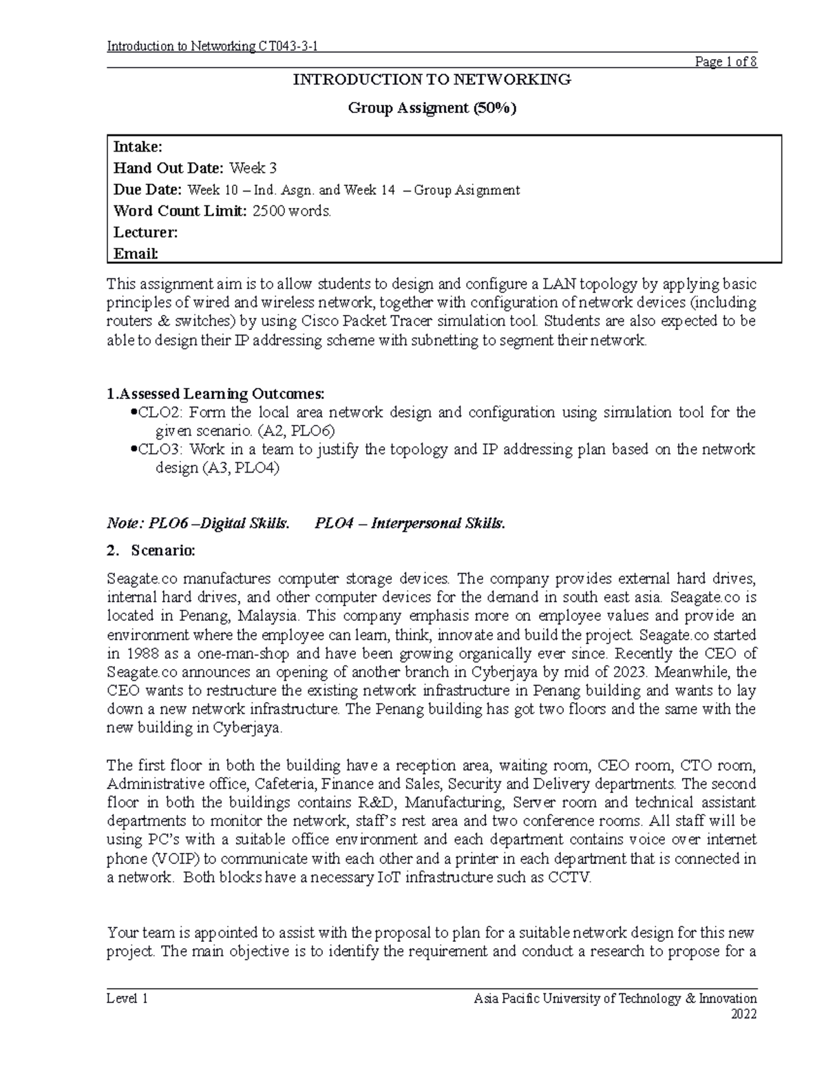 IN - Assignment - 092021 - Page 1 of 8 INTRODUCTION TO NETWORKING Group ...