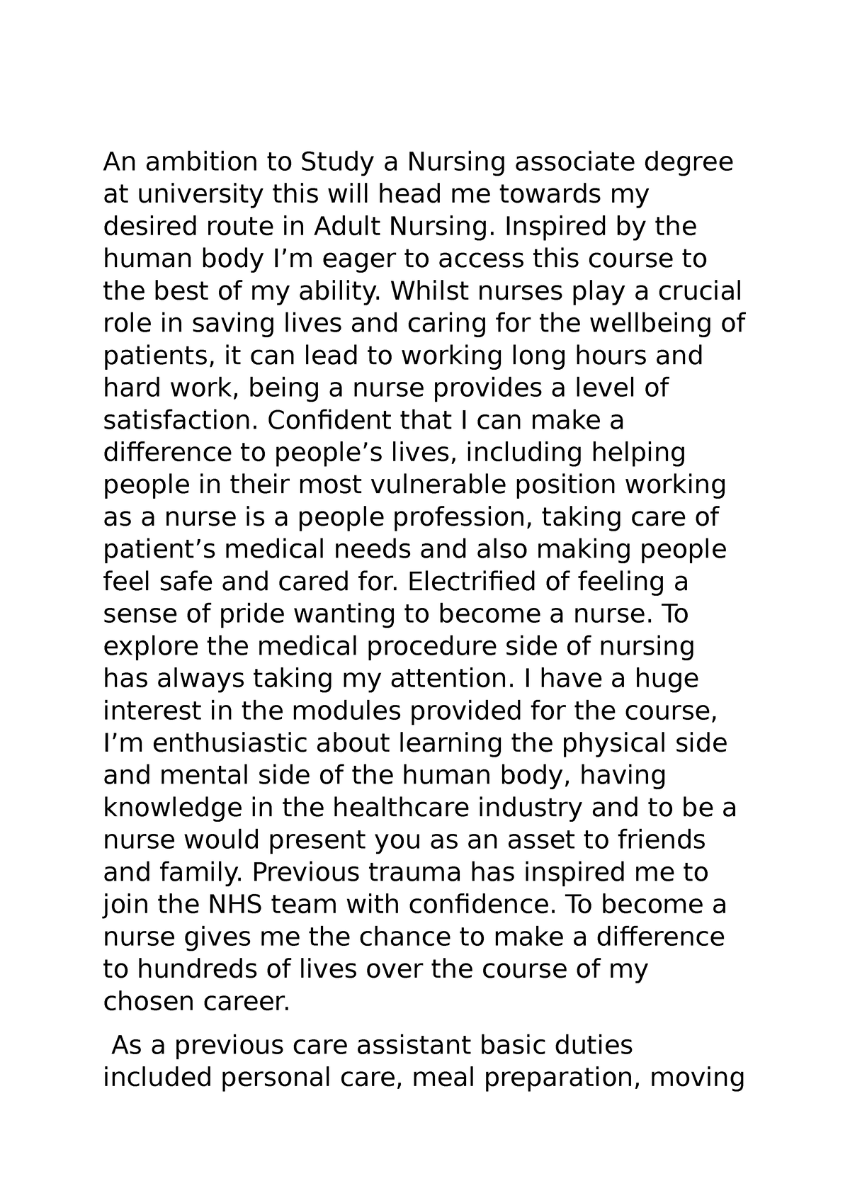 personal statement for trainee nursing associate