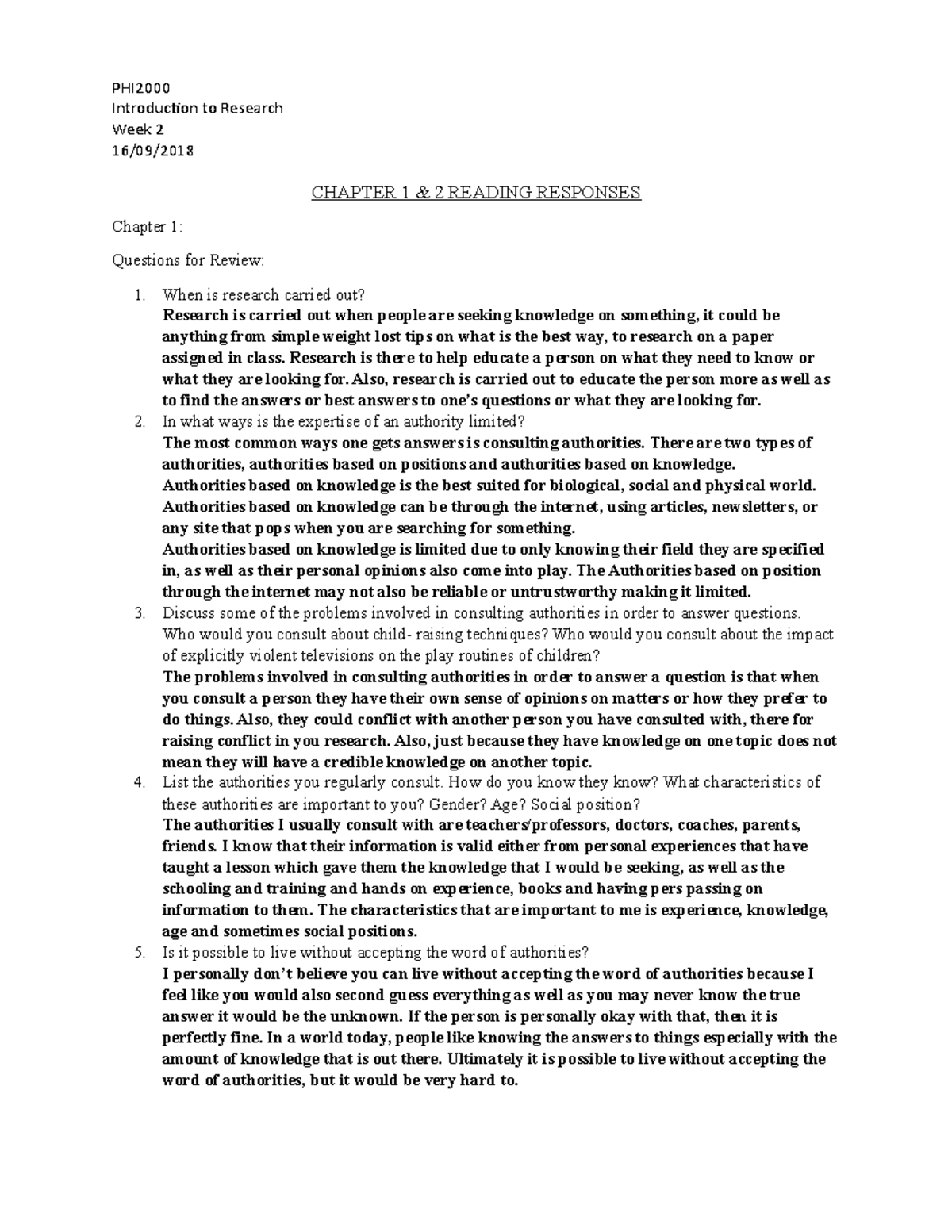 Chapter 1 & 2 - PHI2000 Introduction to Research Week 2 16/09/2018 ...