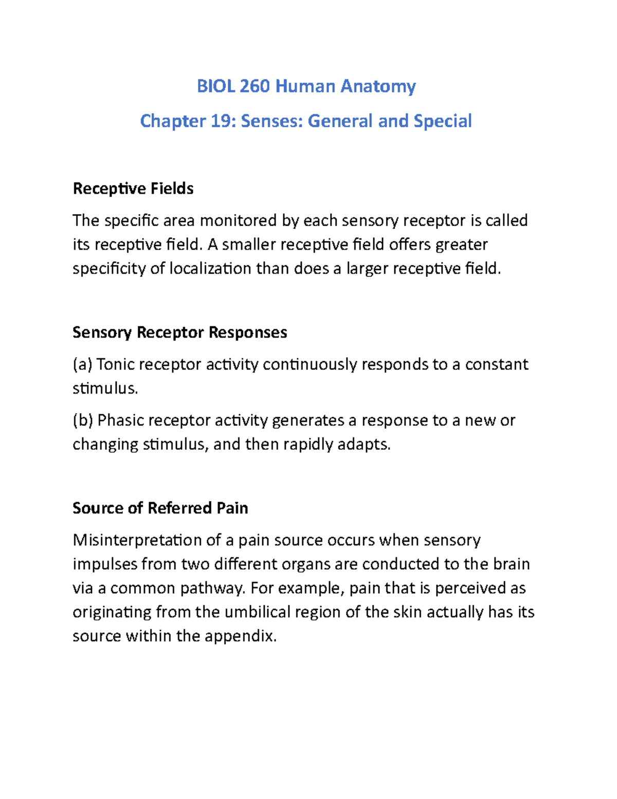 Anatomy Ch 19 (BIOLOGY 260) - BIOL 260 Human Anatomy Chapter 19: Senses ...