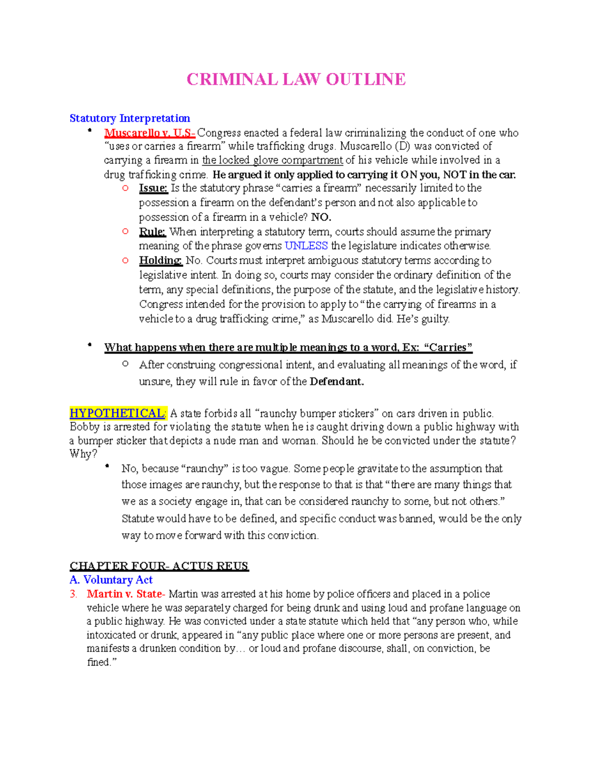 Chapter FOUR- Actus REUS - CRIMINAL LAW OUTLINE Statutory ...