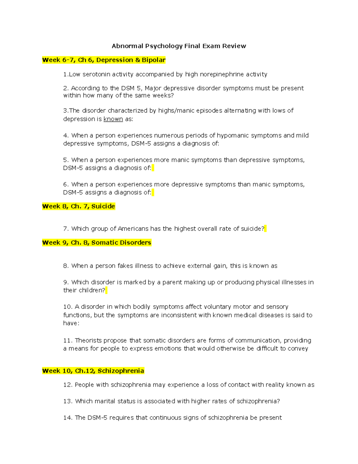 Abnormal Psycholgy Final Review - Abnormal Psychology Final Exam Review ...