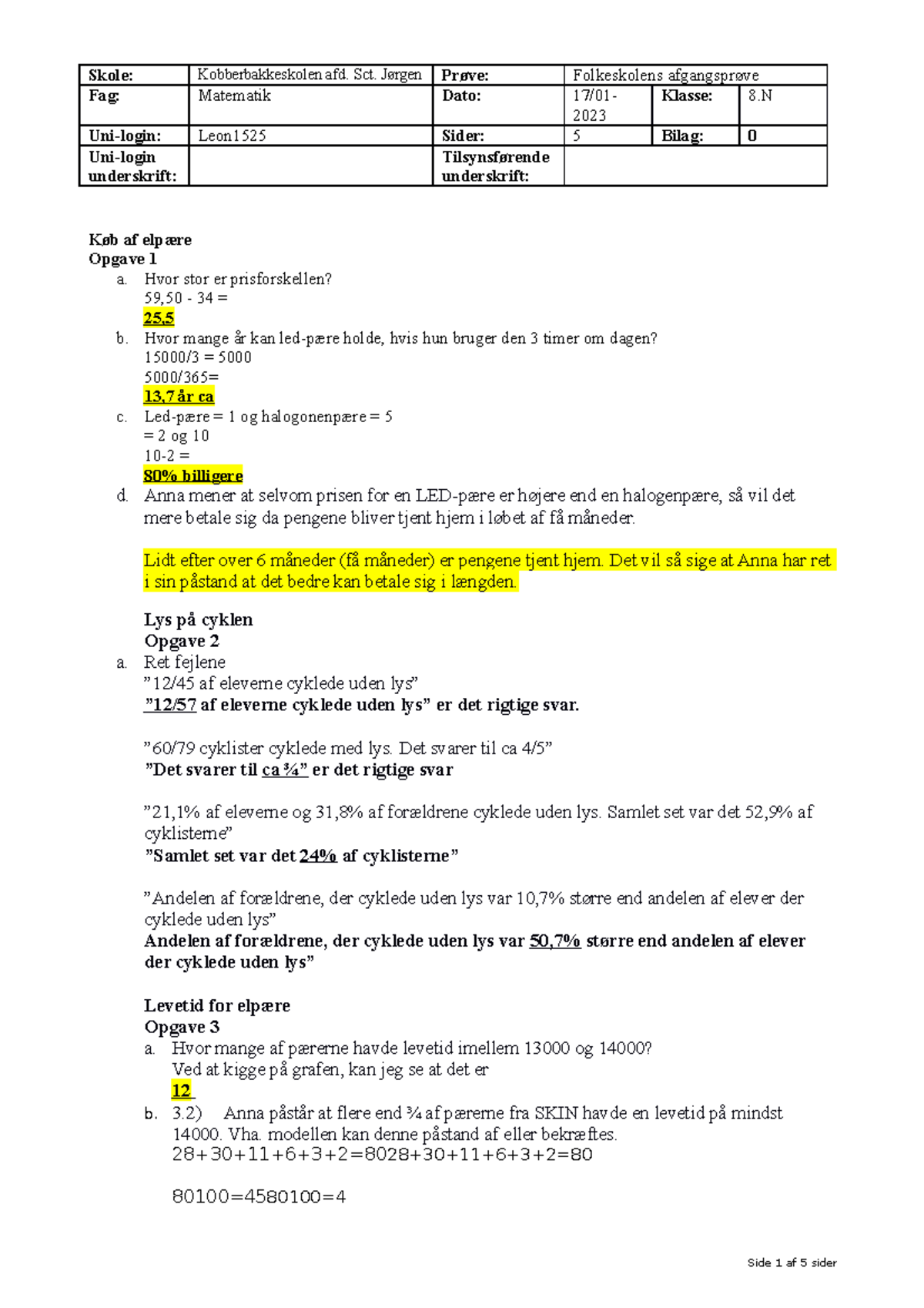 Matematik Fp9 Med - Her - Fag: Matematik Dato: 17/01- 2023 Klasse: 8 ...