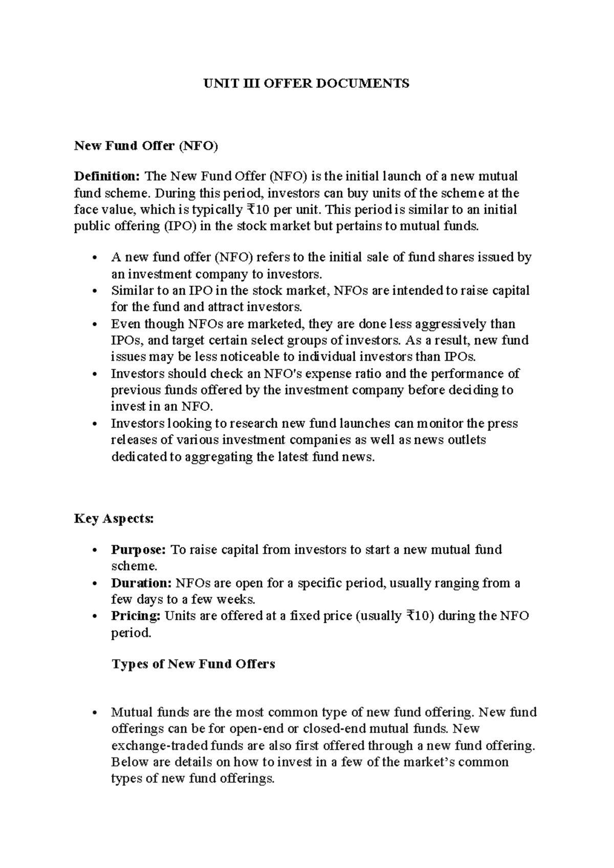 UNIT III Mutual Funds - Bba - UNIT III OFFER DOCUMENTS New Fund Offer ...