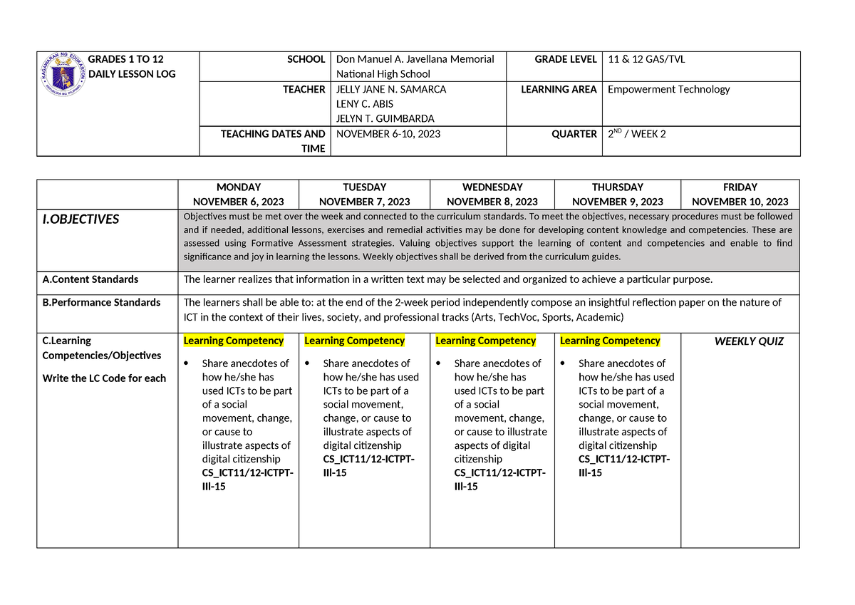 Empotech Q2 WEEK 2 - GRADES 1 TO 12 DAILY LESSON LOG SCHOOL Don Manuel ...