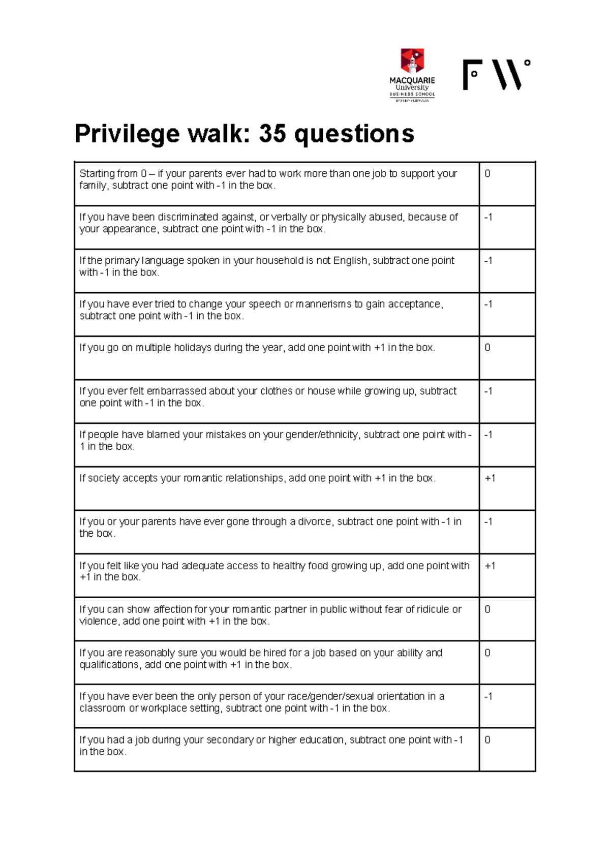 Lecture worksheet Privilege walk - Privilege walk: 35 questions ...