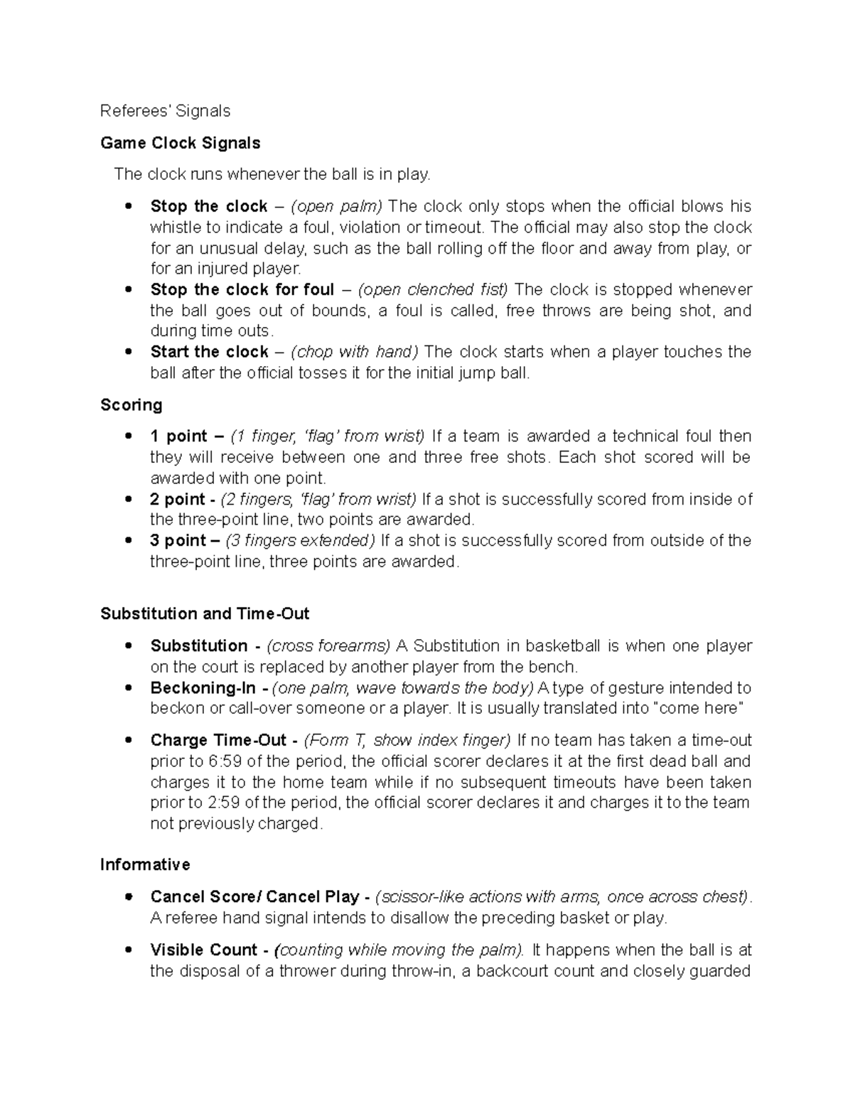 Lecture in Basketball Physical Education - Referees’ Signals Game Clock ...