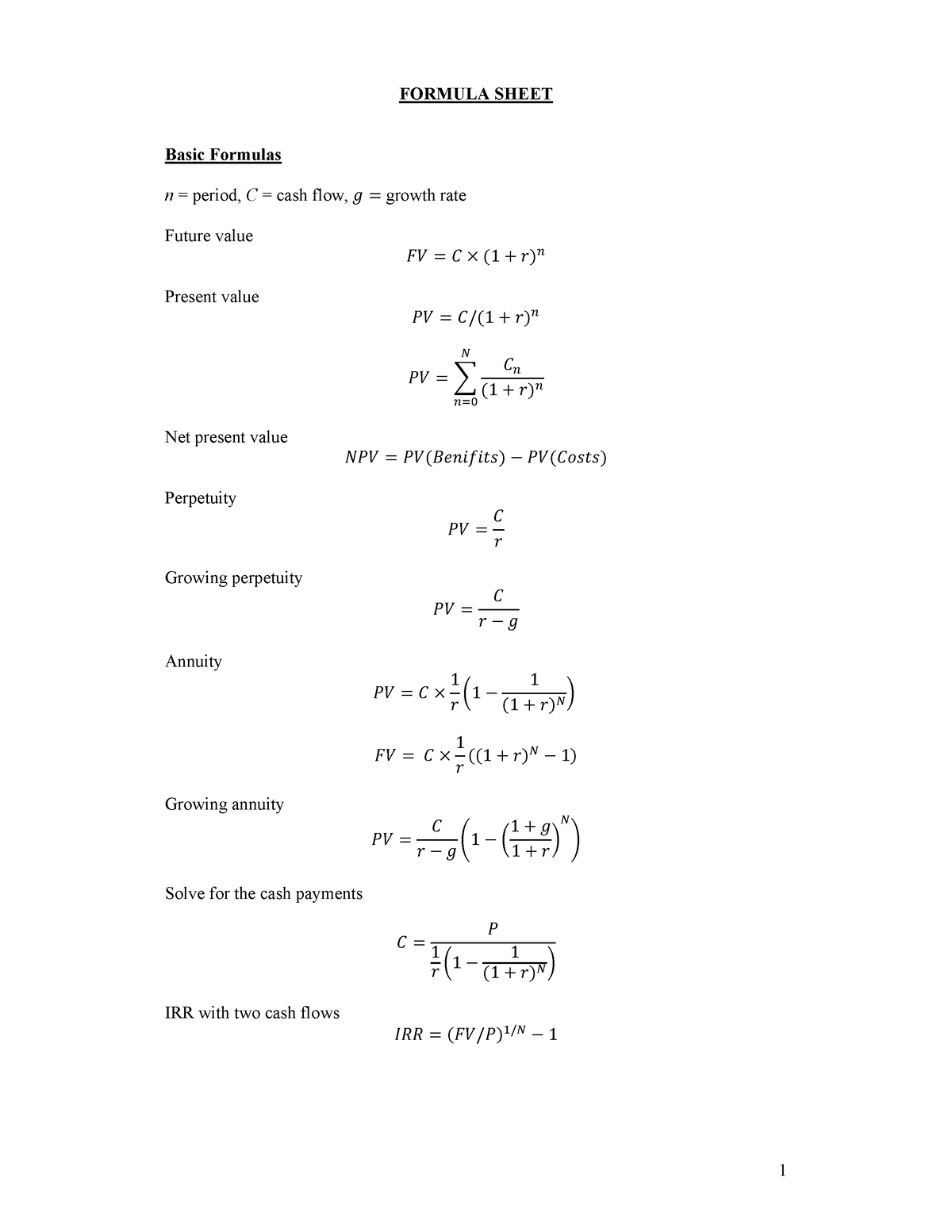 Formula Sheet 2023 FORMULA SHEET Basic Formulas n = period, C = cash