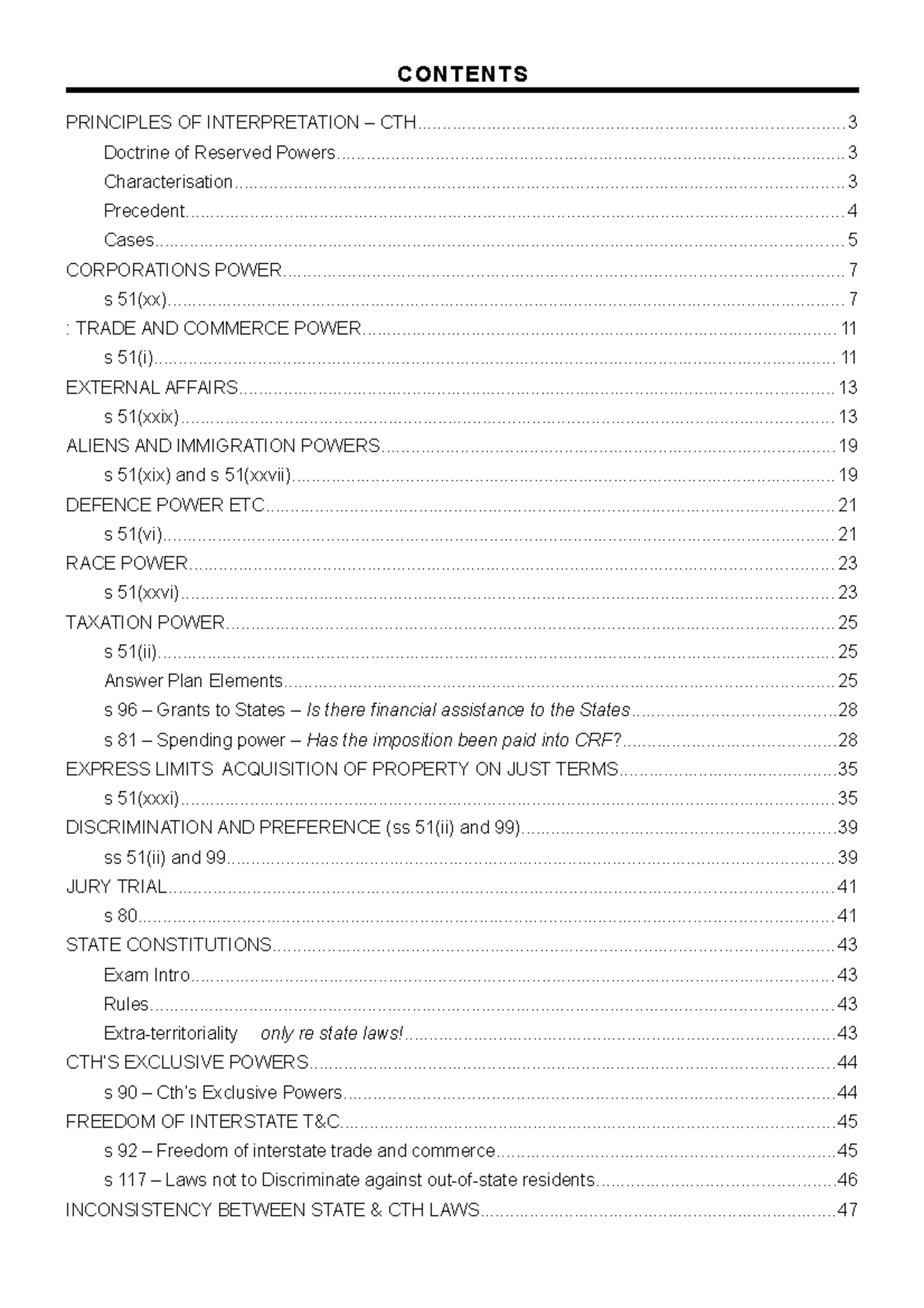 GoodConstiExamNotes CONTENTS THE HEADS OF POWER The heads of power in s 51 are made up of