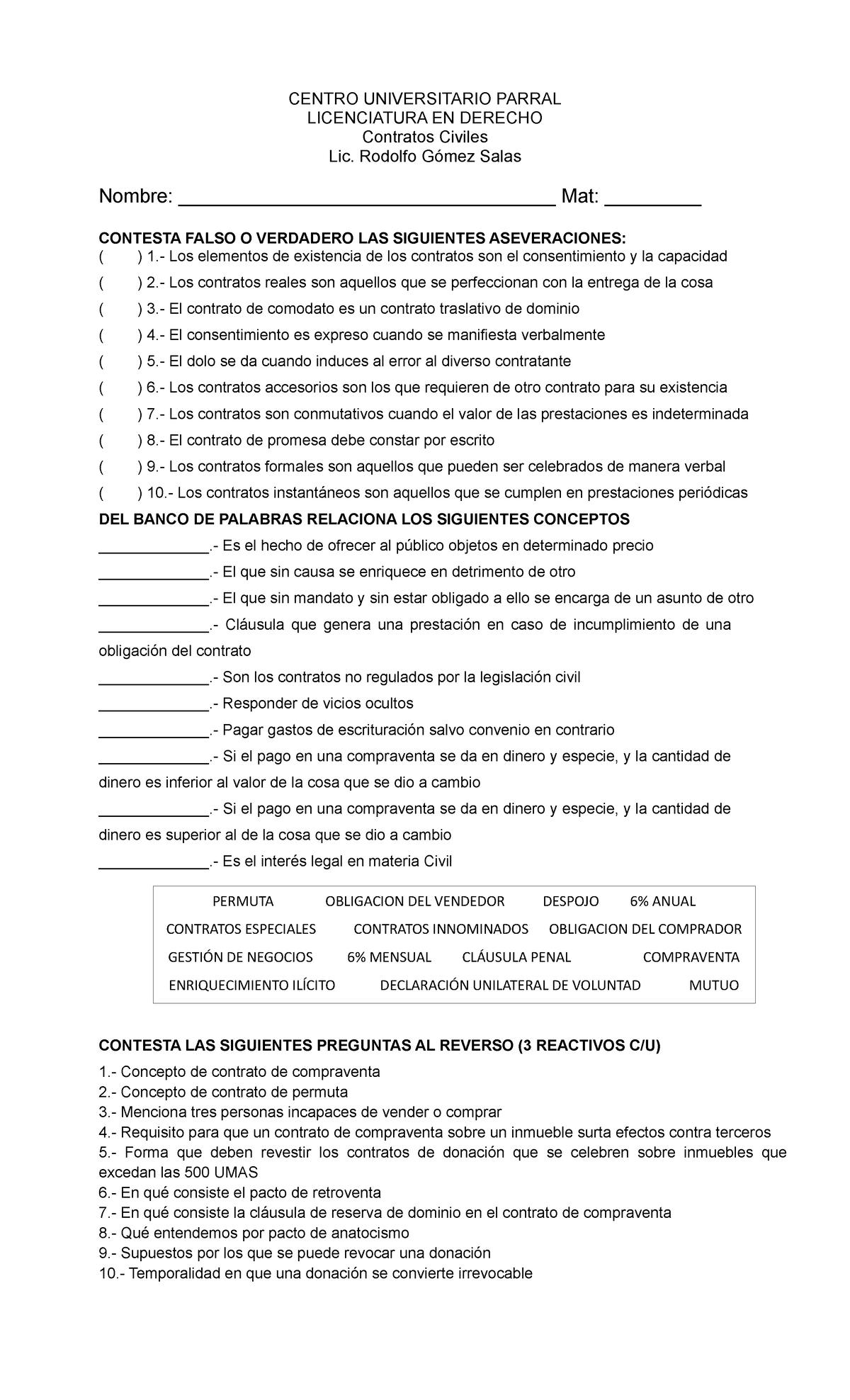 P1 - Ejercicios De Contratos - CENTRO UNIVERSITARIO PARRAL LICENCIATURA ...