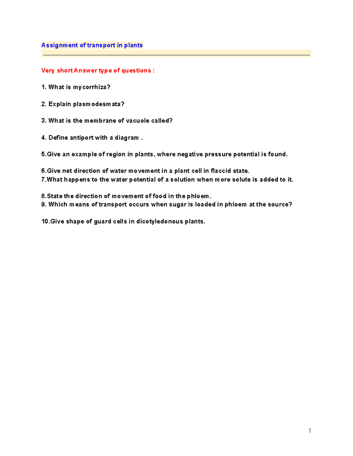 Assignment OF Transport IN Plants - Assignment of transport in plants ...