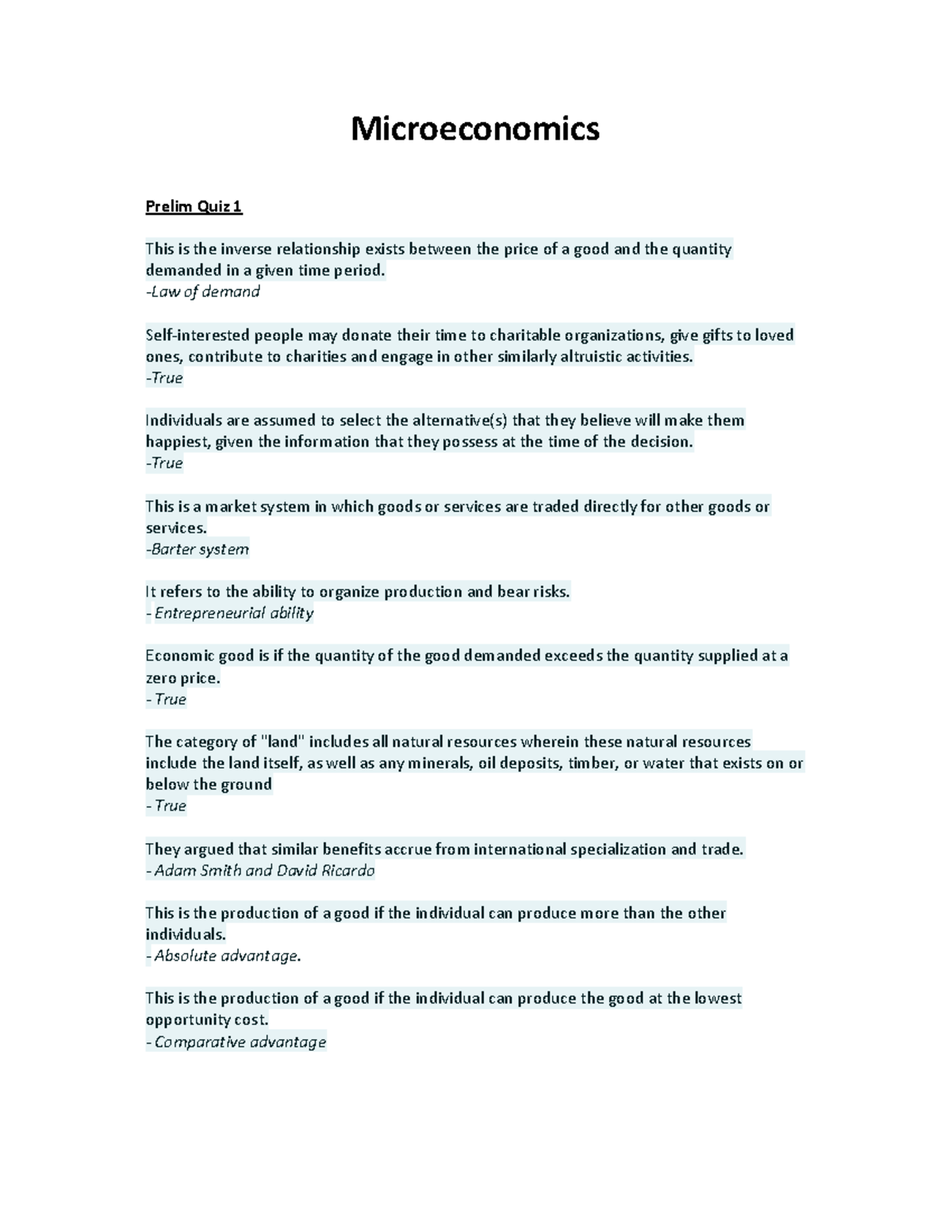 Microeconomics Quiz 1 & 2 Microeconomics Prelim Quiz 1 This is the