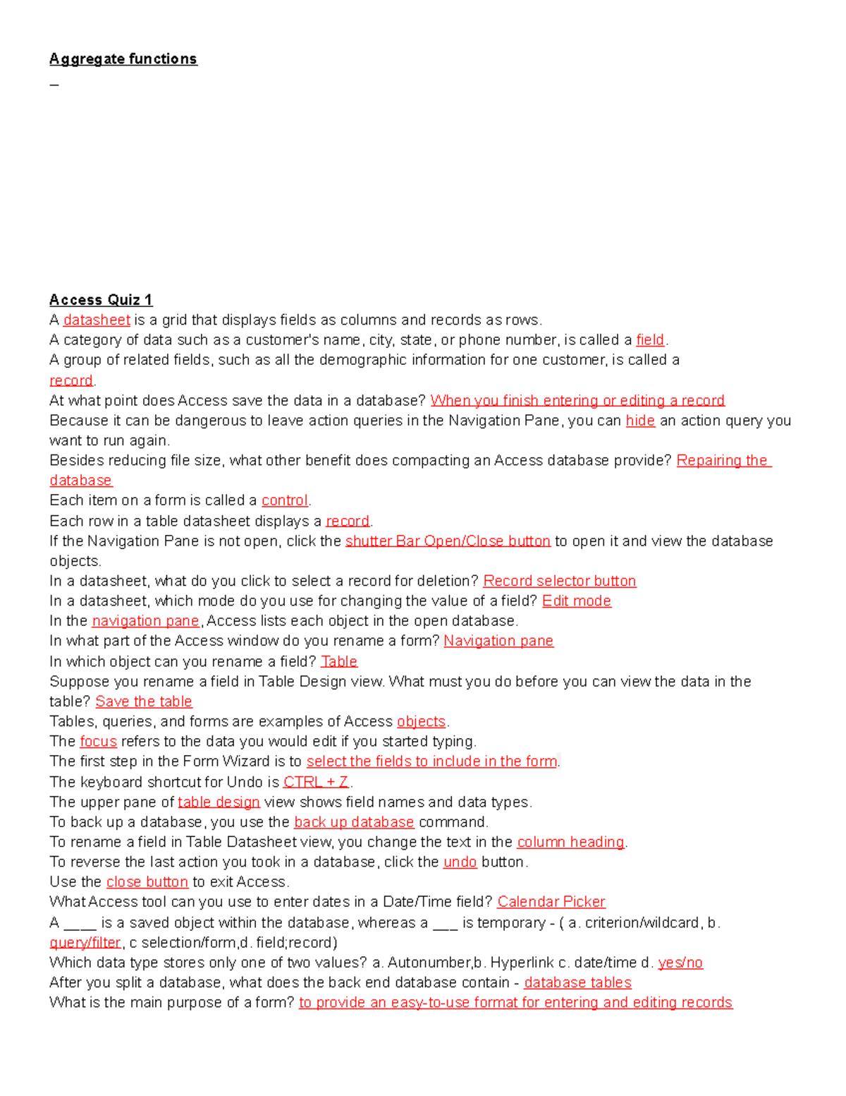 Access Quiz Questions - Aggregate Functions Access Quiz 1 A Datasheet ...