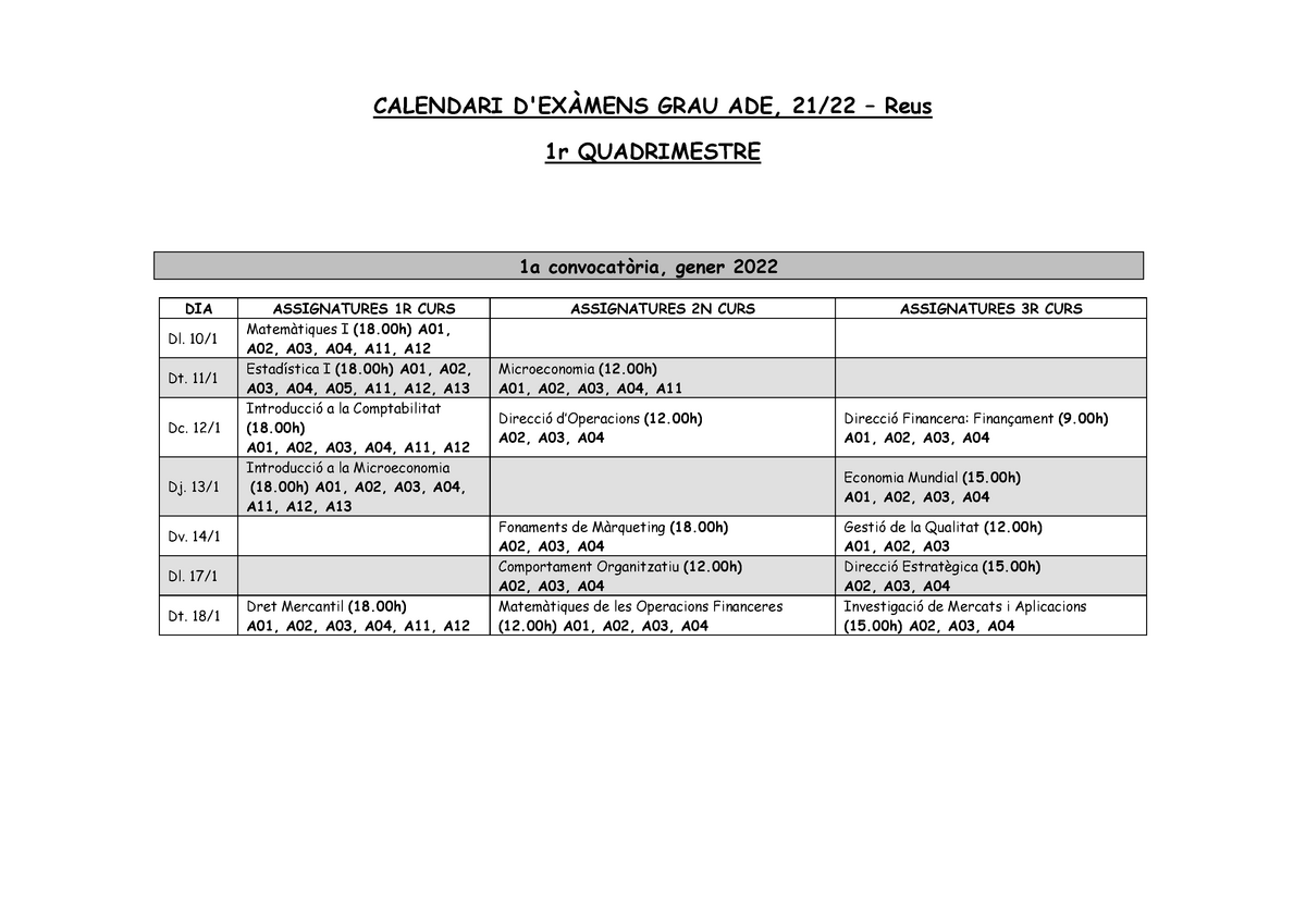 Aulari Examens Ade Reus 1q 2122 - CALENDARI D'EXÀMENS GRAU ADE, 21/22 ...