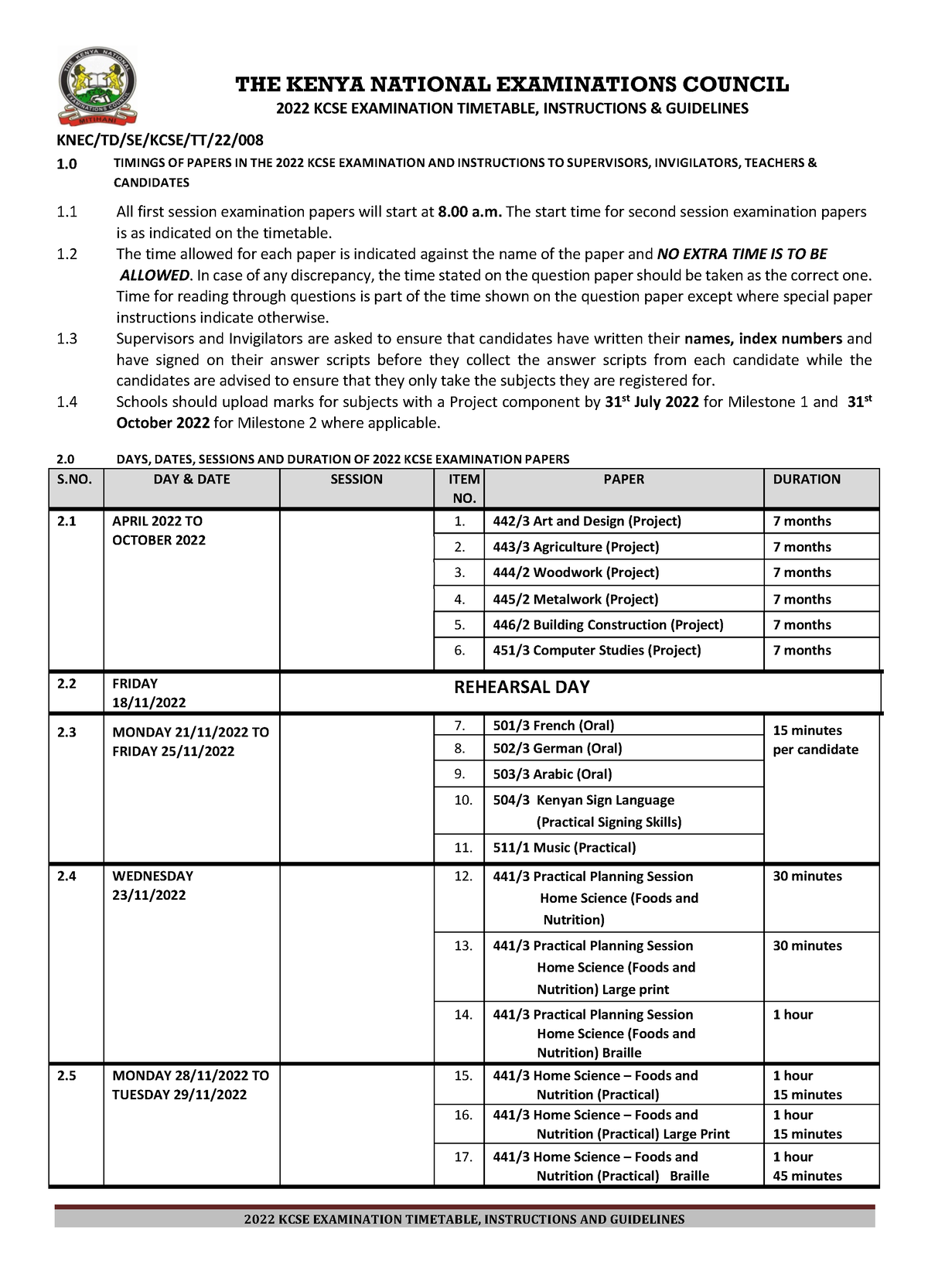 2022 KCSE Timetable Final THE KENYA NATIONAL EXAMINATIONS COUNCIL