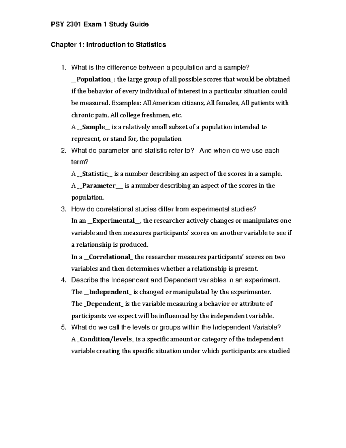 2301 Exam 1 Study Guide - Chapter 1: Introduction to Statistics 1. What ...