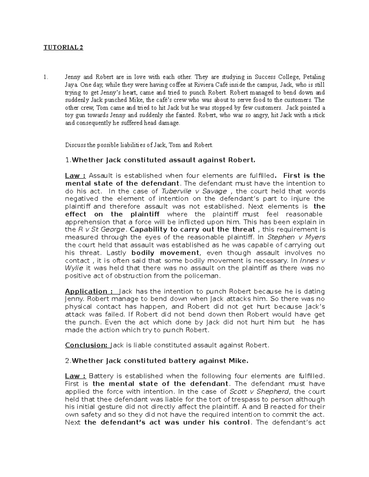 Law Of Tort 1 Tutorial 2_week 3 - TUTORIAL 2 Jenny And Robert Are In ...