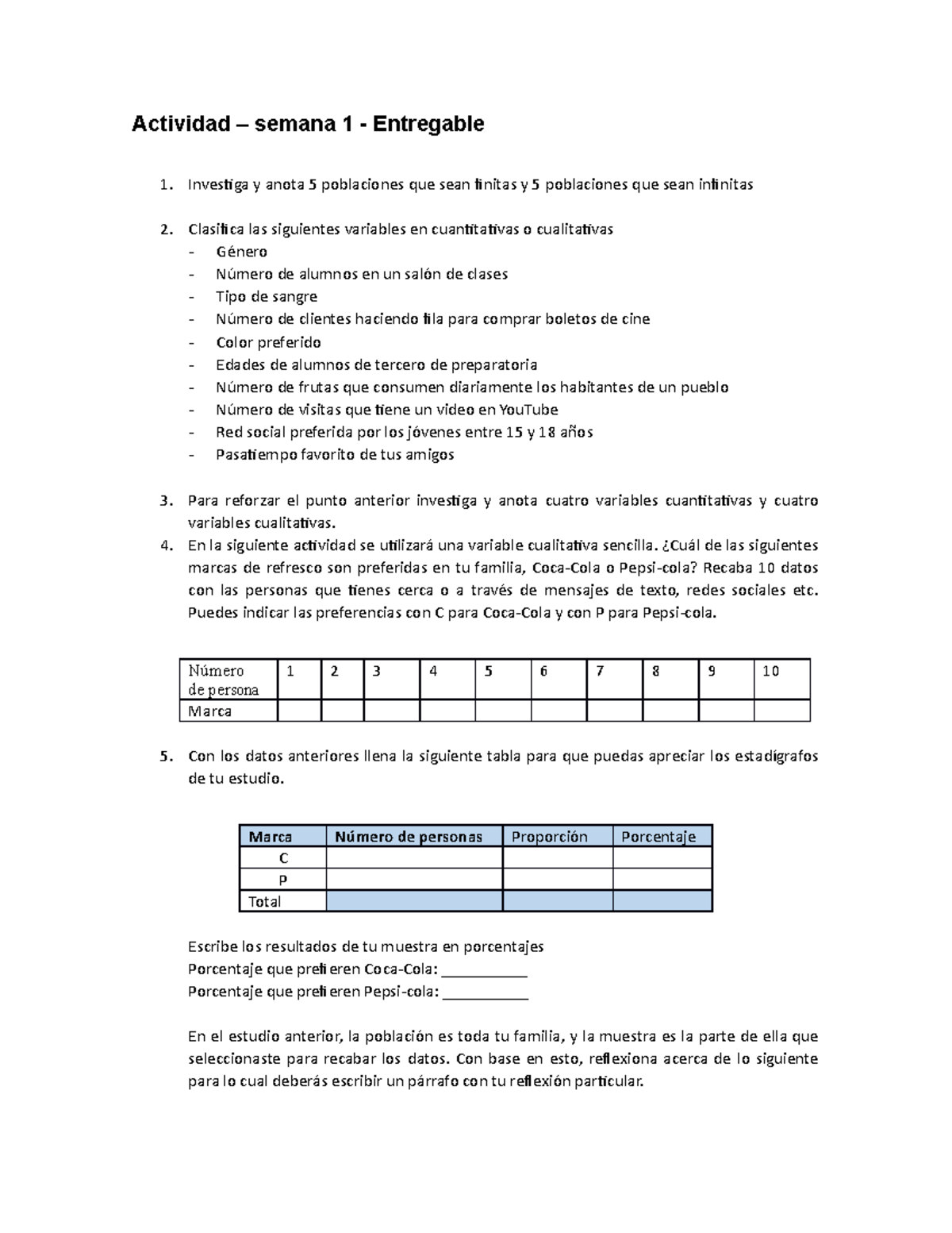 Actividad Semana 1 Estadistica - Actividad – Semana 1 - Entregable ...