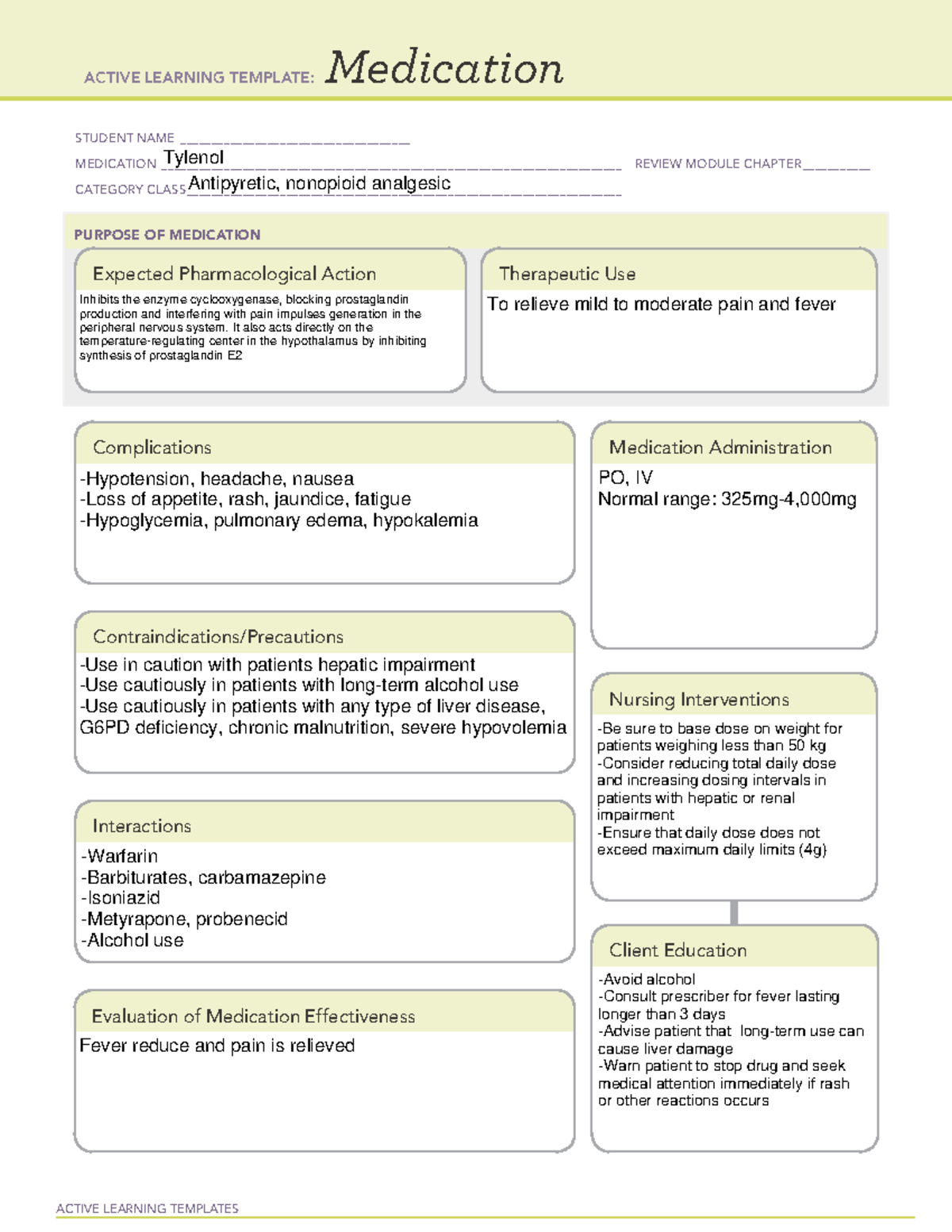 Tylenol ATI new ATI medication template ACTIVE LEARNING TEMPLATES