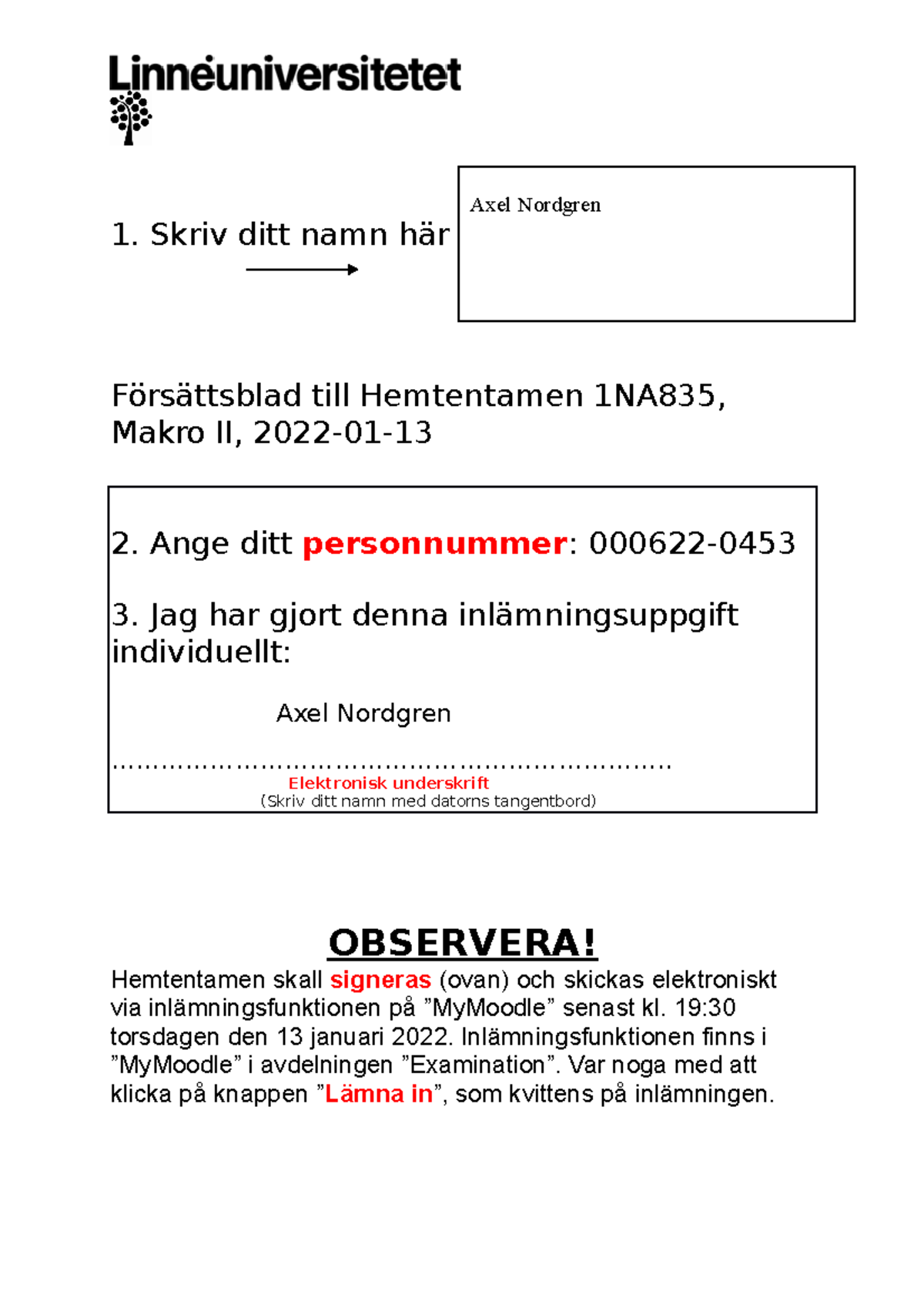 Hemtenta Ht 21, Walla - 1. Skriv Ditt Namn Här Försättsblad Till ...