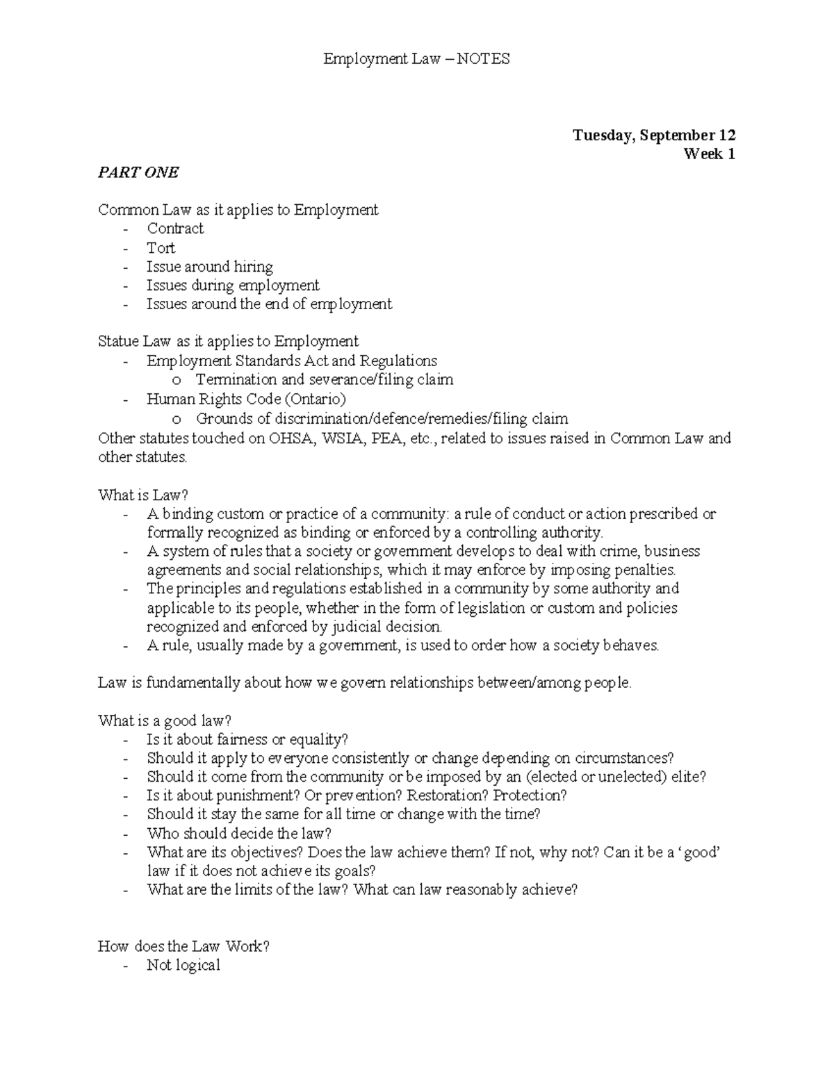 HRM 3420A - Notes - Tuesday, September 12 Week 1 PART ONE Common Law as ...