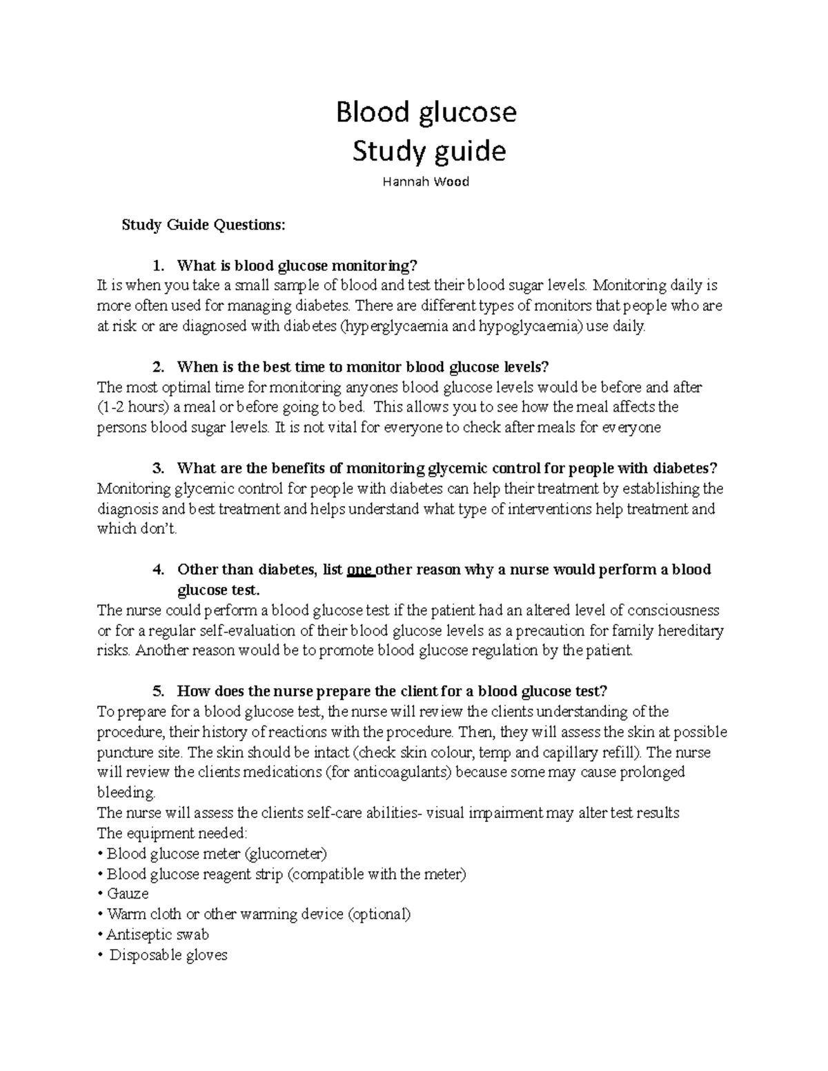 Blood Glucose Monitoring PreLab Blood glucose Study guide Hannah Wood Study Guide Questions