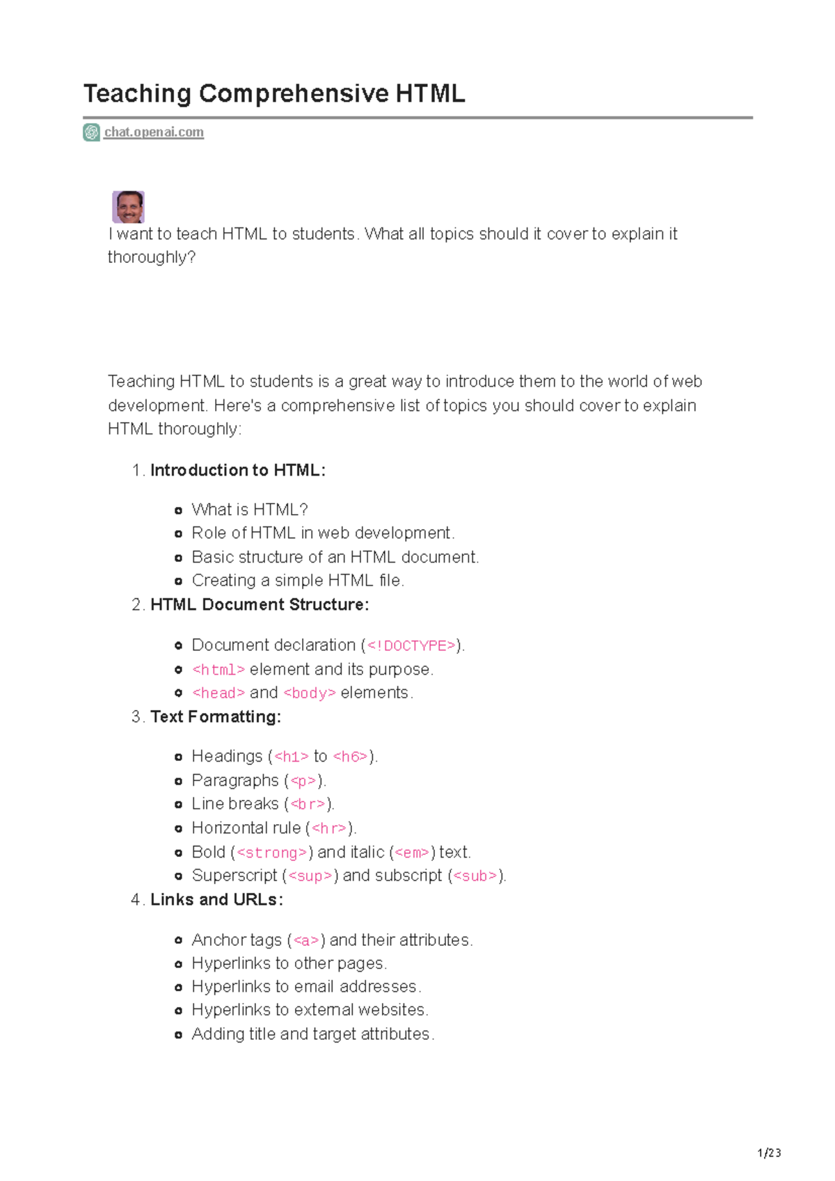 Teaching Comprehensive HTML - openai I want to teach HTML to students ...
