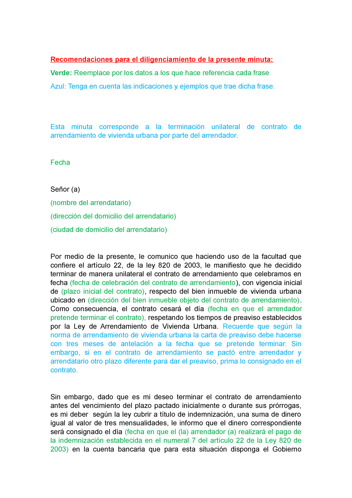 76 MIN001 Carta Preaviso Arrendador - Recomendaciones para el  diligenciamiento de la presente - Studocu