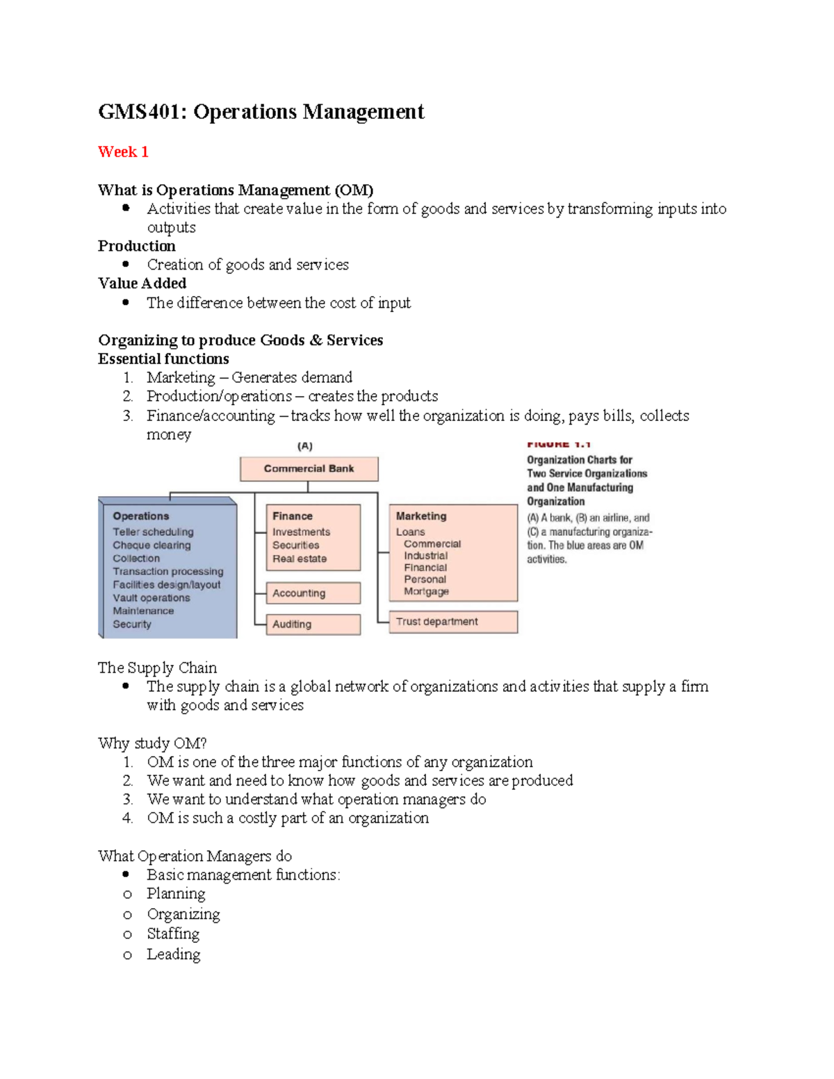 GMS401 Notes Week 1 - GMS401: Operations Management Week 1 What is ...