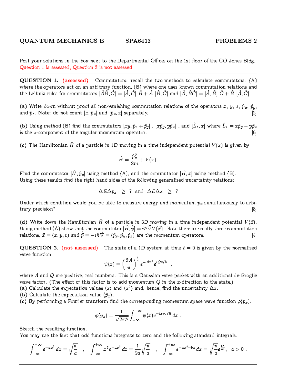 Spa6413 17 18 Assignment 2 Quantum Mechanics Spa6413 Problems Post Your Studocu