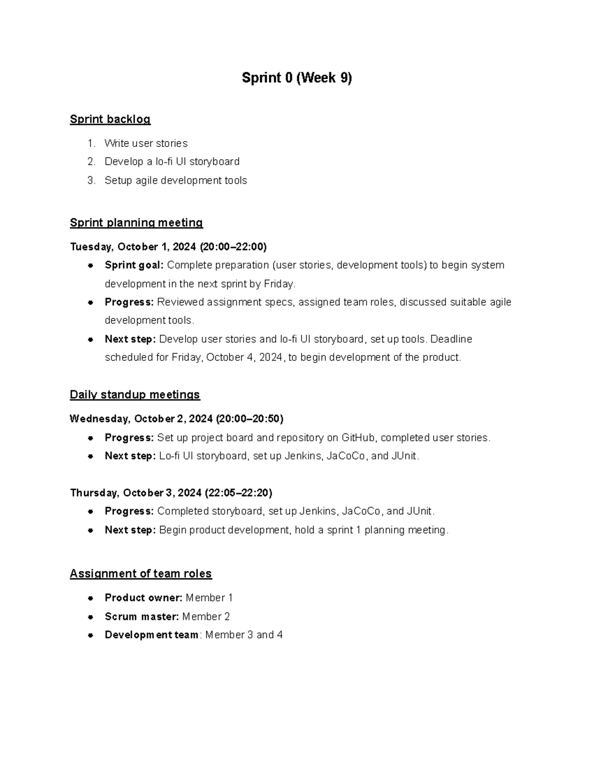 SOFT2412 A2 Report - Sprint 0 (Week 9) Sprint backlog Write user ...
