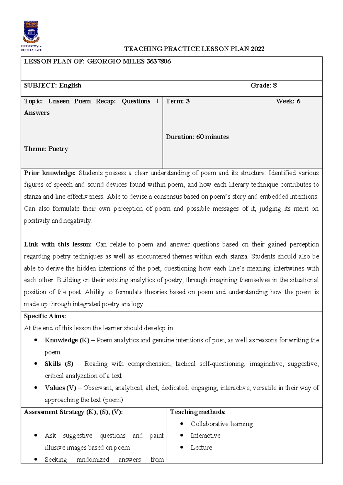 English Lesson PLAN Final - TEACHING PRACTICE LESSON PLAN 2022 LESSON ...