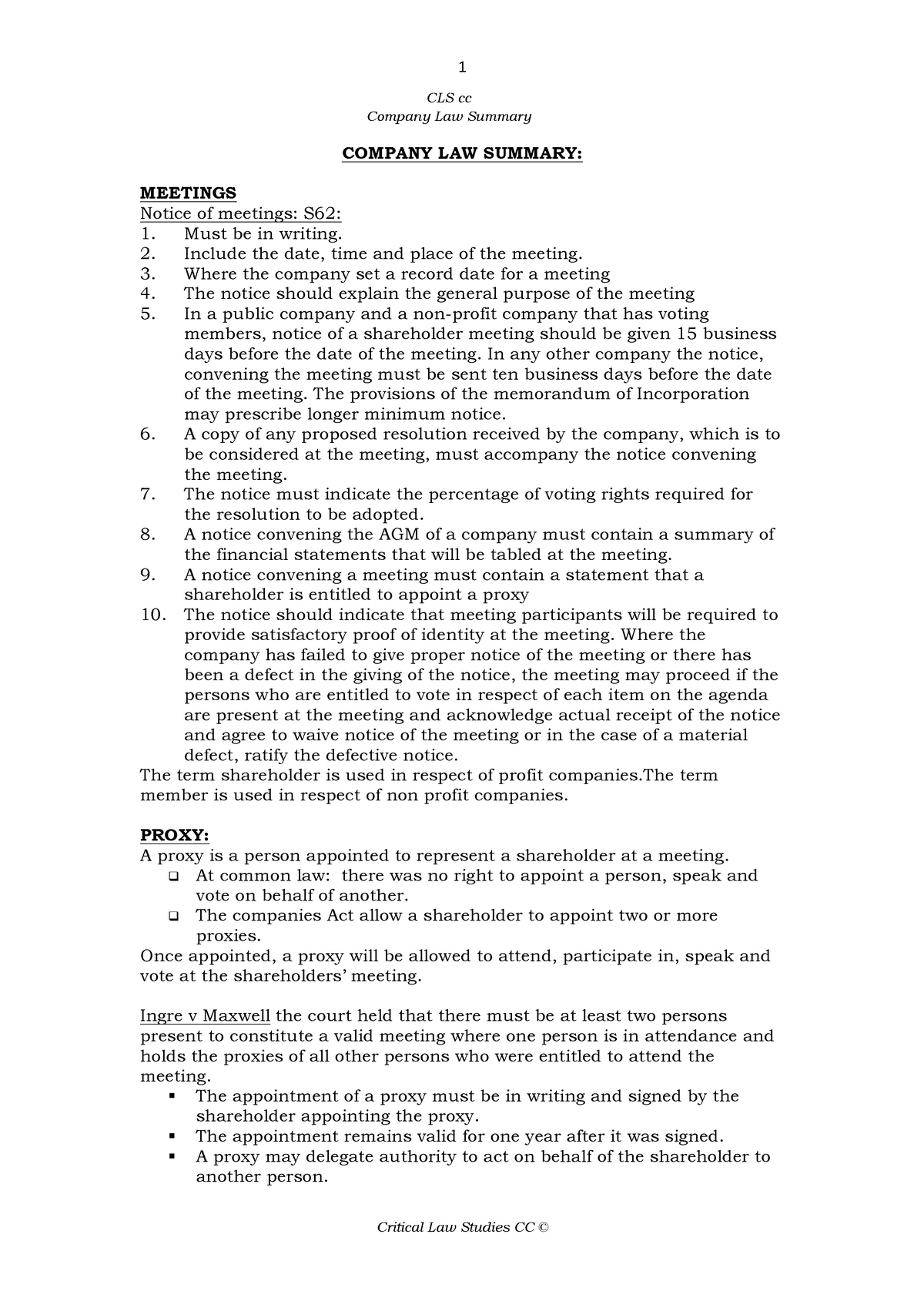 Company LAW Summary Of Company Law In South Africa CLS Cc Company 