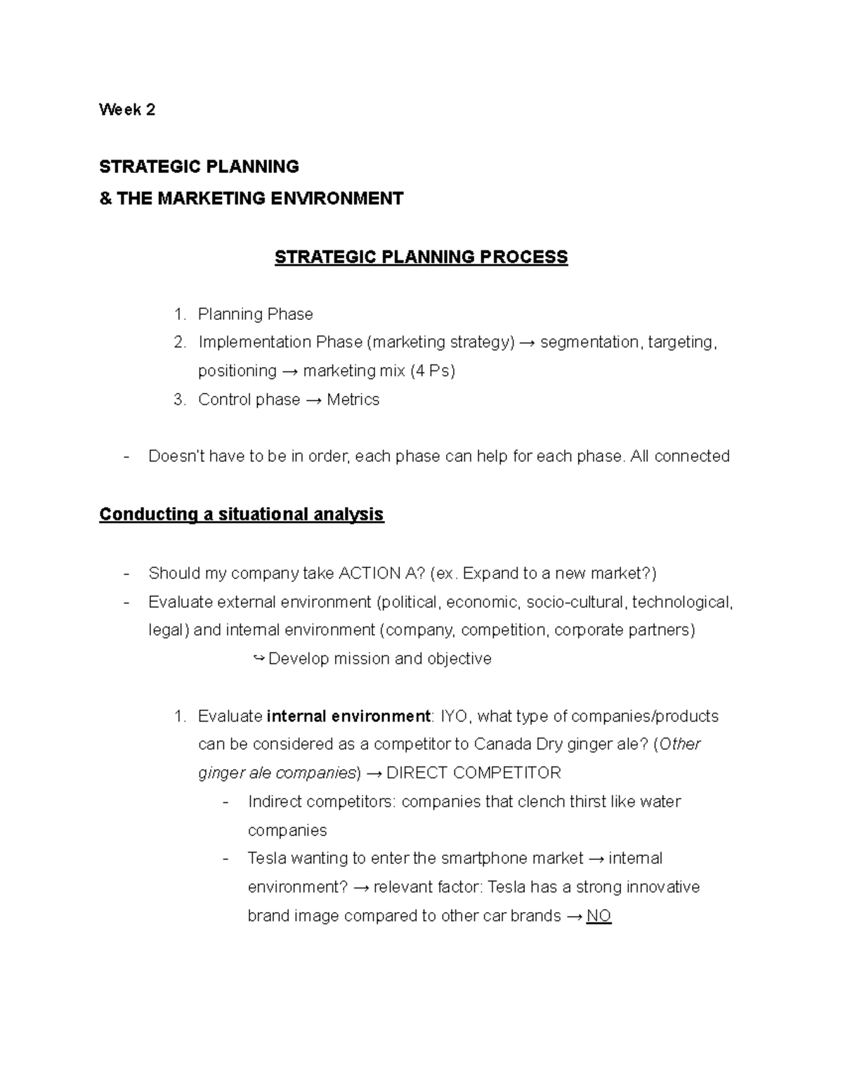 MKT 100 Week 2 Notes - Week 2 STRATEGIC PLANNING & THE MARKETING ...