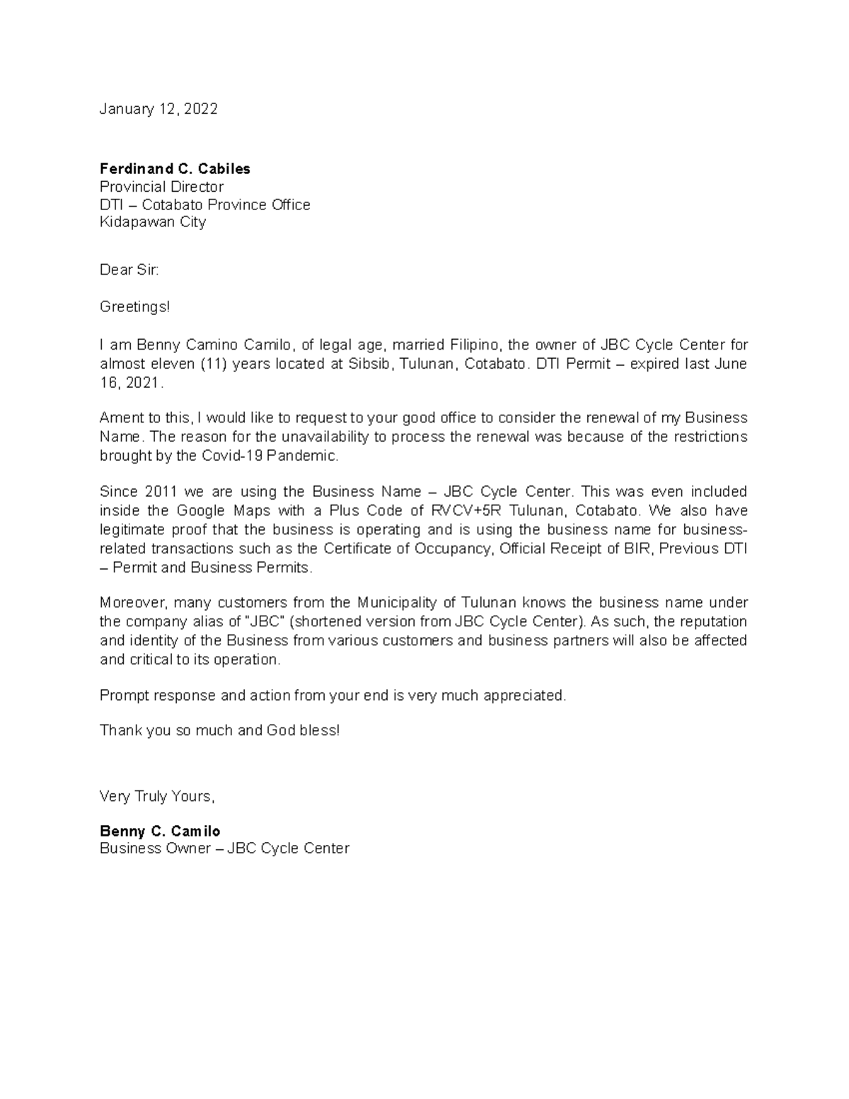 Letter for Reconsideration - January 12, 2022 Ferdinand C. Cabiles ...