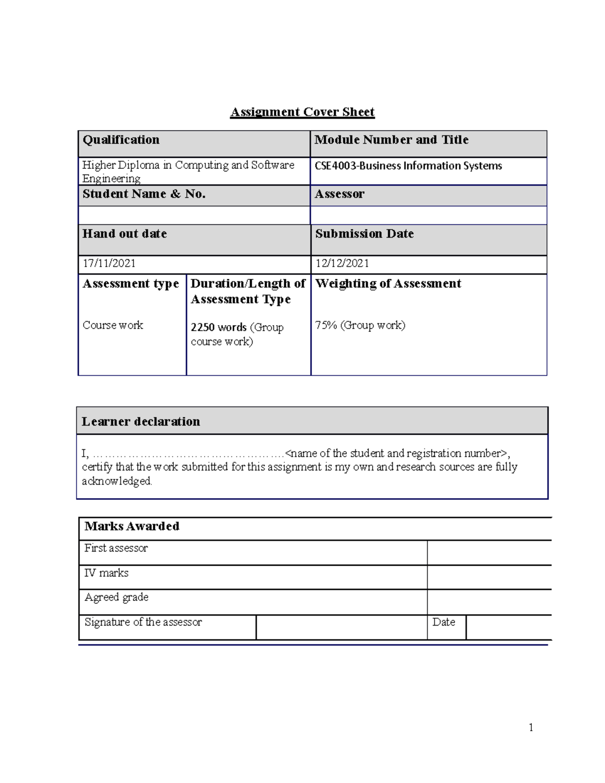 Cse4003coursewok-1 - Assignment - Assignment Cover Sheet Qualification ...