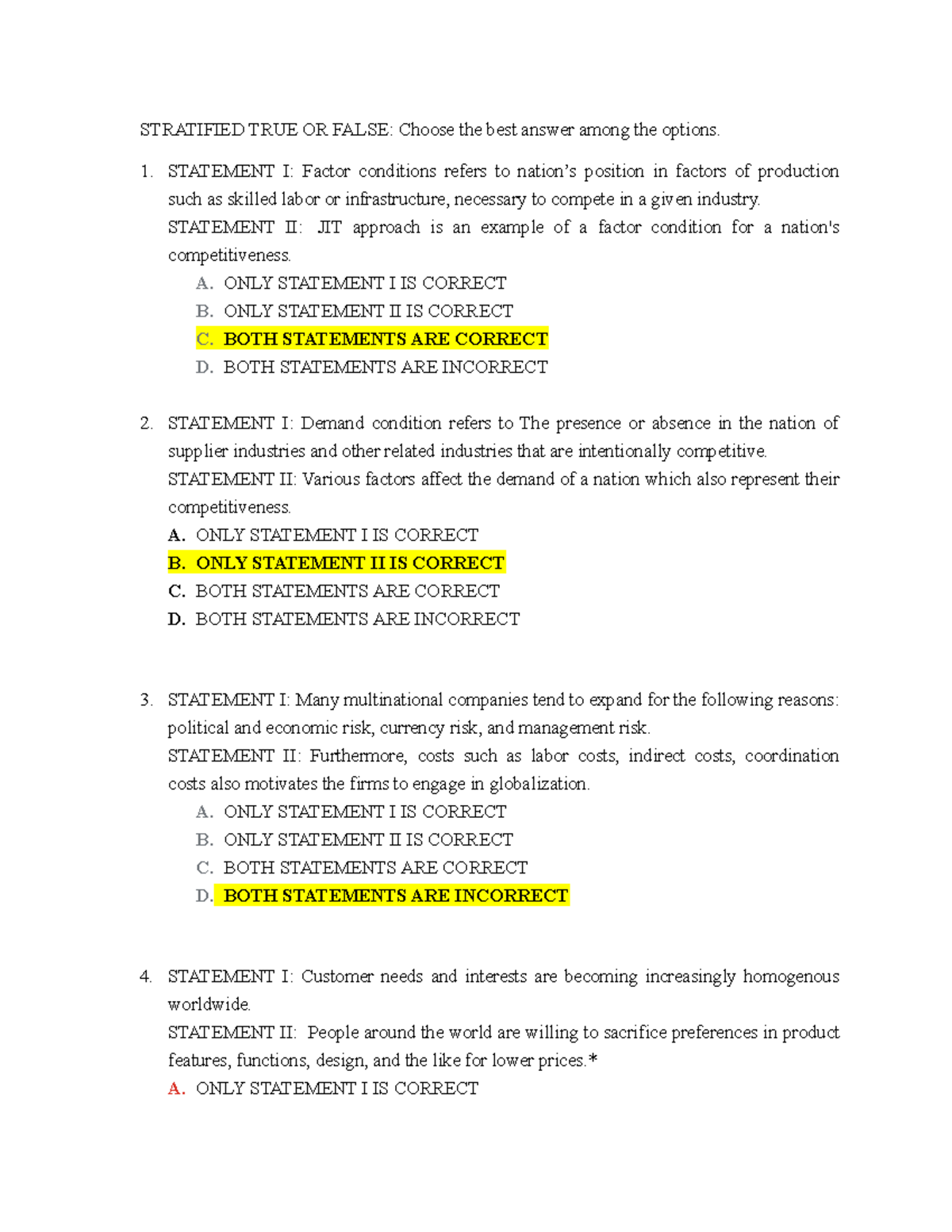 Quizzer On International Business And Trade - STRATIFIED TRUE OR FALSE ...