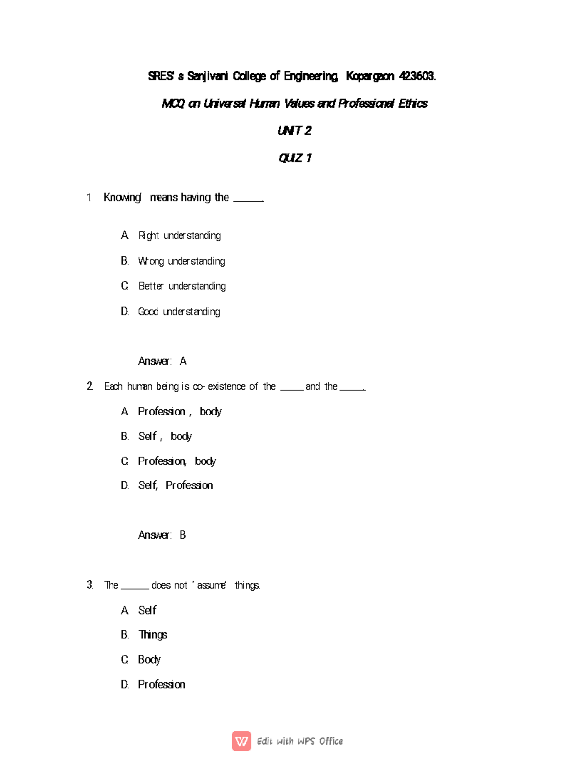 UNIT 2 - QUIZ 1 - Document Universal Human Values Syllabus And Question ...