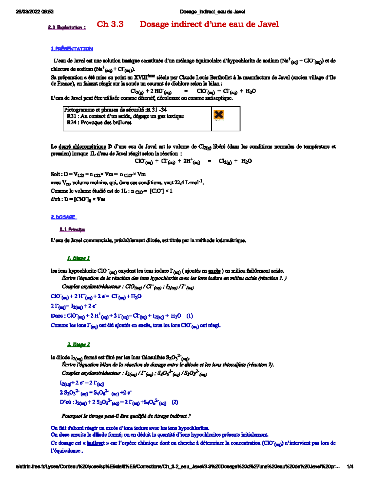 Dosage en retour de l'ion hypochlorite par l'iodure Chimie Studocu — free download