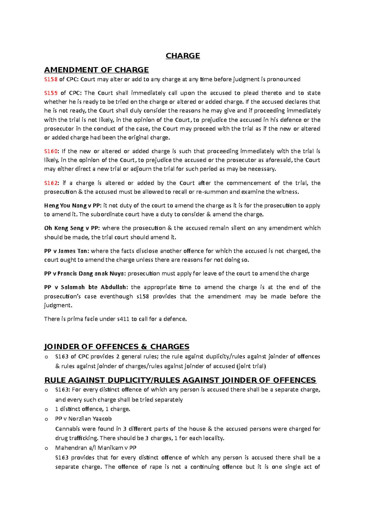 Notes Charges - material - CHARGE AMENDMENT OF CHARGE S158 of CPC ...