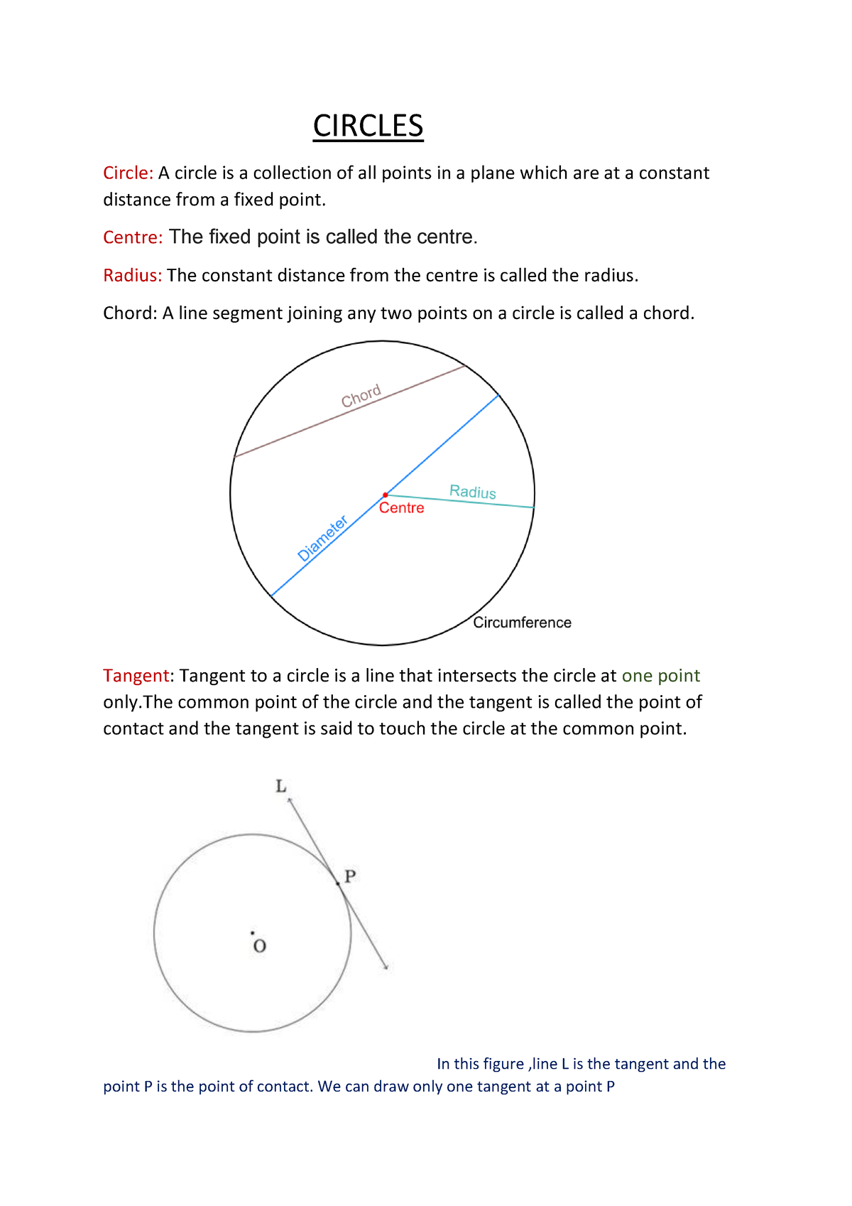 Circles -notes class 10 - CIRCLES Circle: A circle is a collection of ...