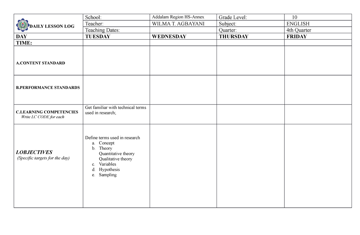 ENG 10 Daily Lesson Log 4th First WEEK - DAILY LESSON LOG School ...